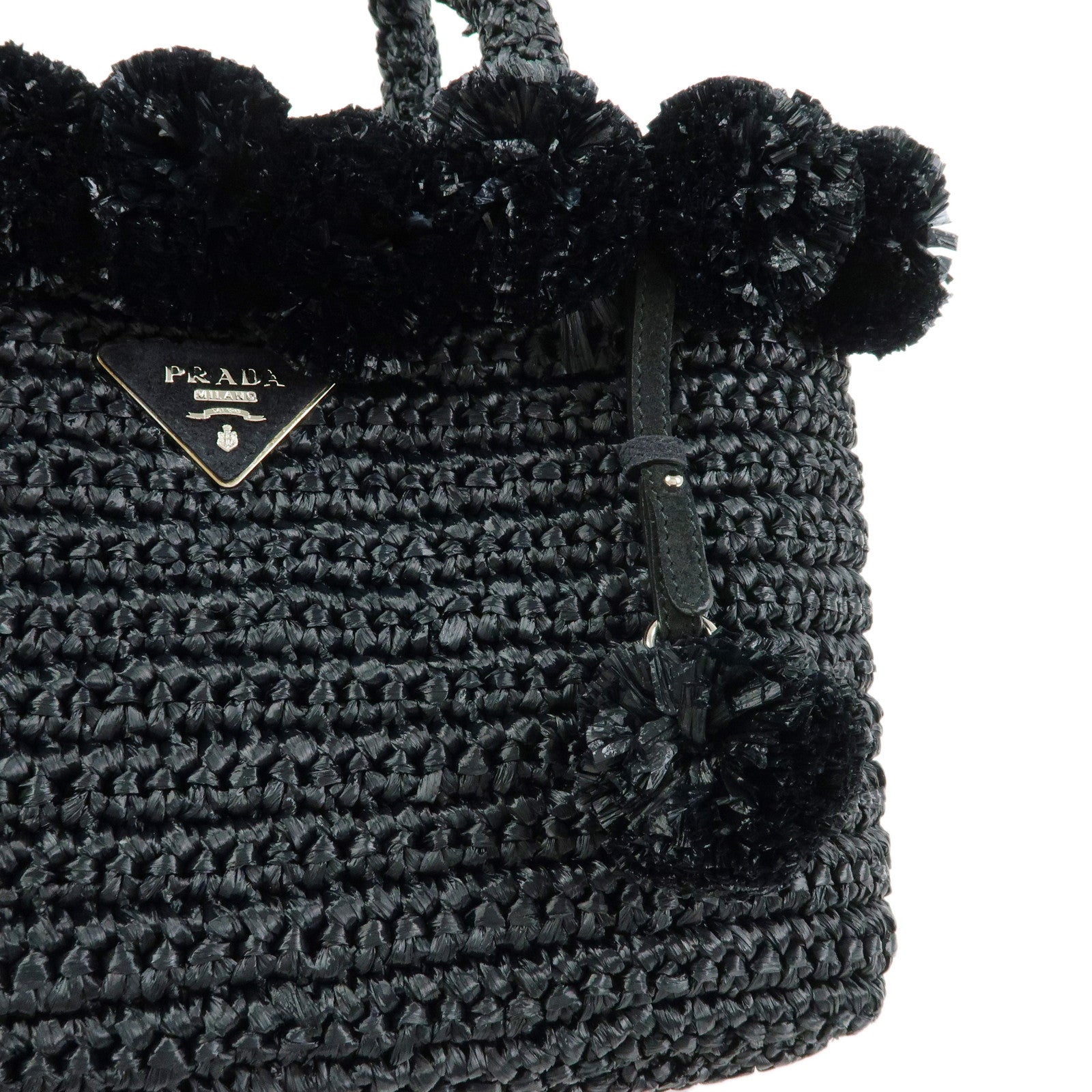 PRADA Triangle Logo Canapa Raffia Pon Pon 2Way Shoulder Tote Bag Black