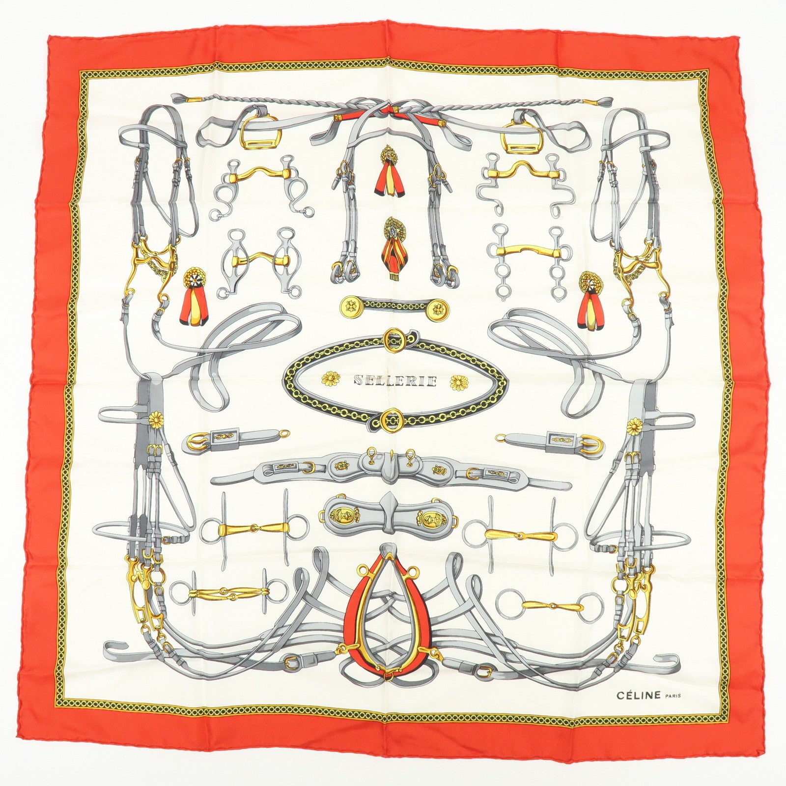 CELINE Set of 4 Silk Cotton Scarf Shawl Tassel Motif Beige Black Red