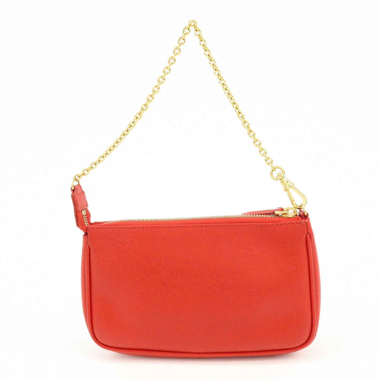 FENDI Embossed Leather Chain Accessary Pouch Hand Bag Red 8M0271