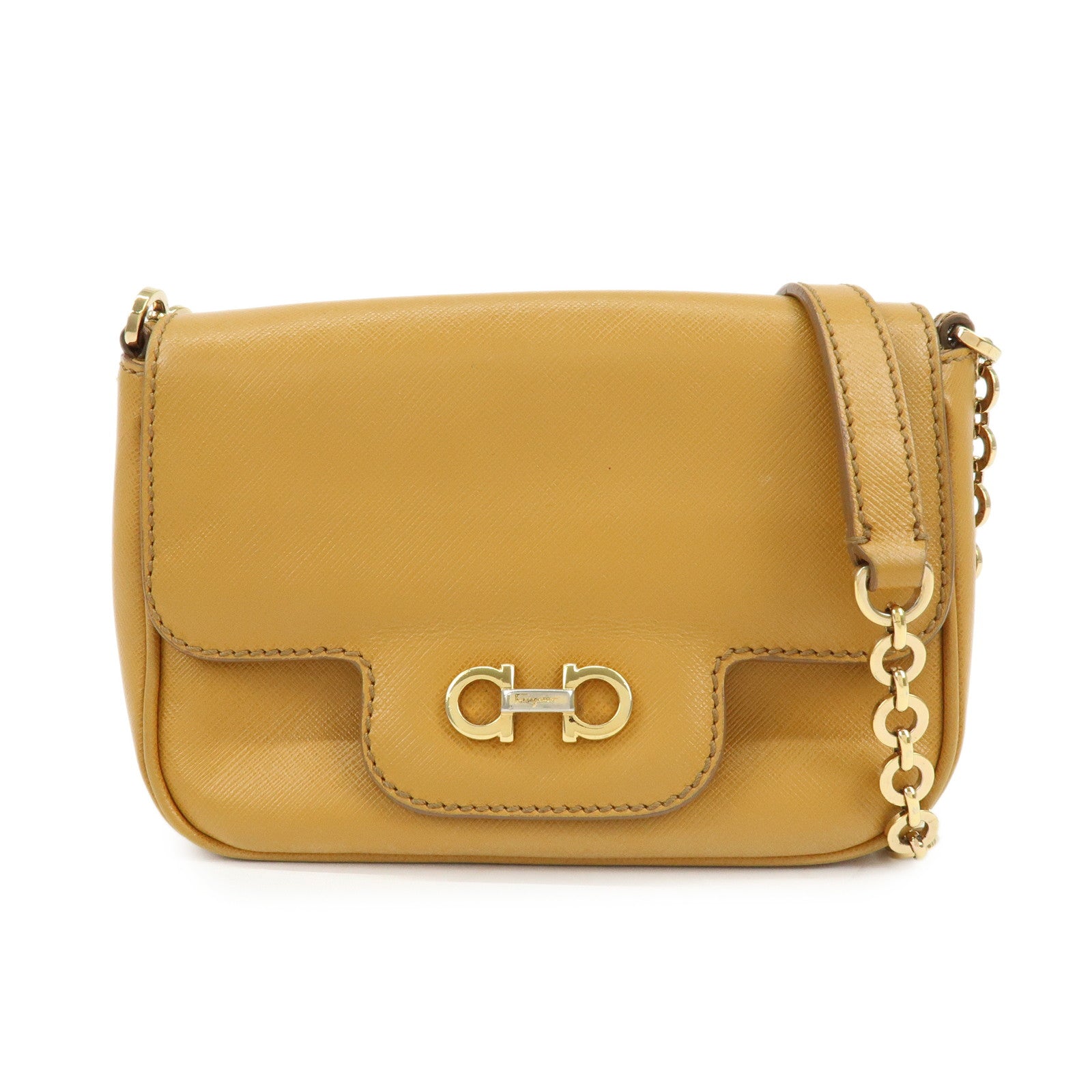 Ferragamo Gancini Leather Chain Shoulder Bag Crossbody Bag Light Brown