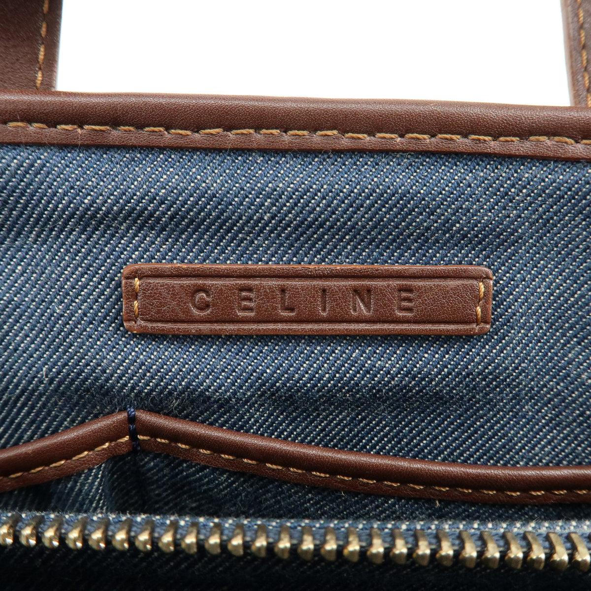 CELINE Paris Macadam Denim Leather Mini Tote Hand Bag Navy Brown