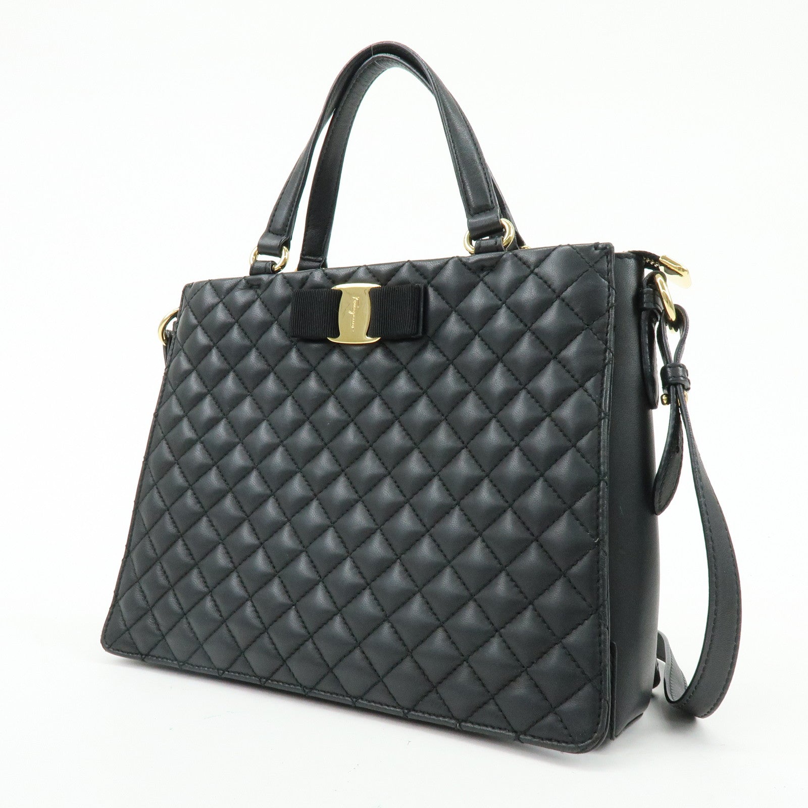 Ferragamo Vara Ribbon Leather 2Way Bag Hand Bag Shoulder Bag Black