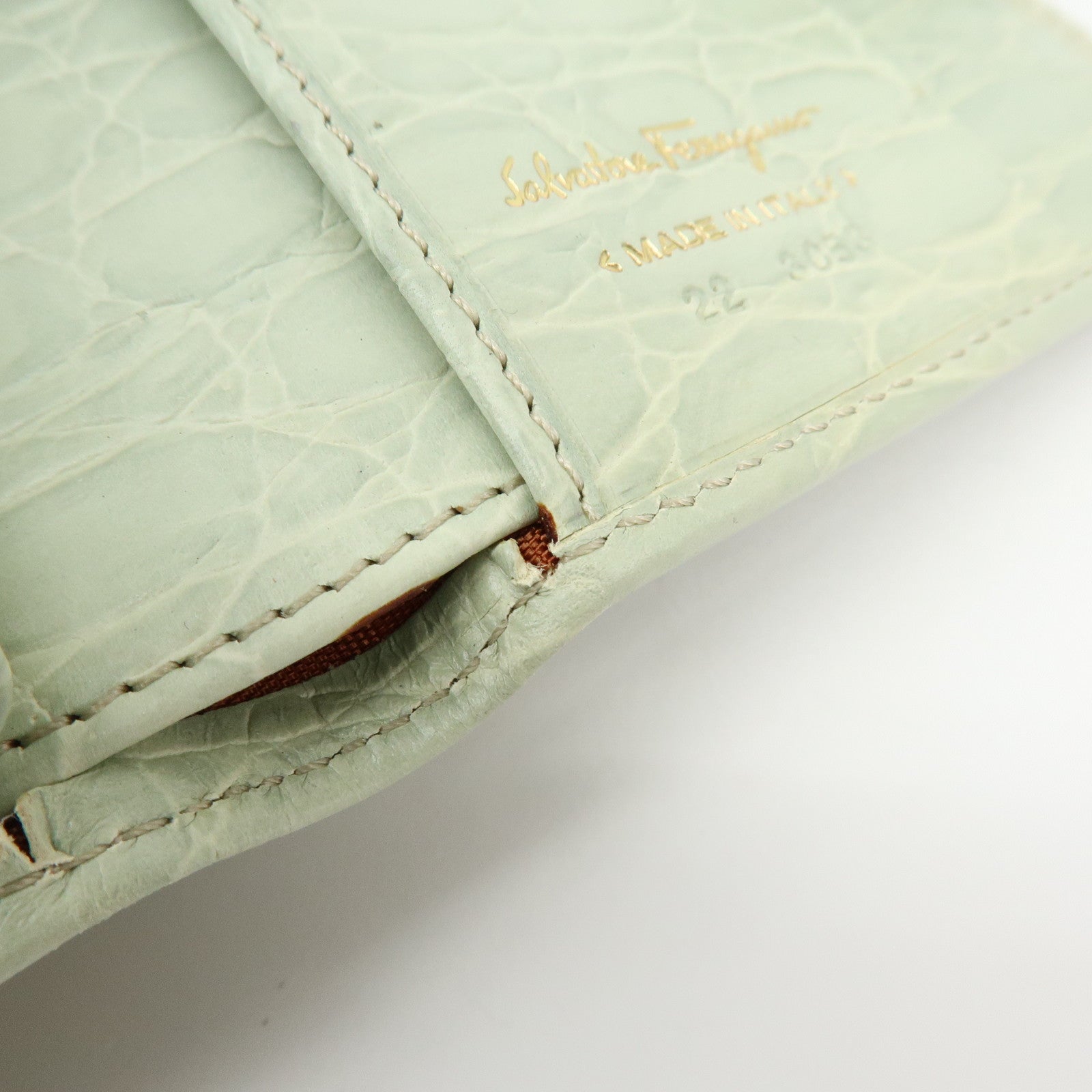 Ferragamo Vara Embossed Leather Compact Wallet Light Green