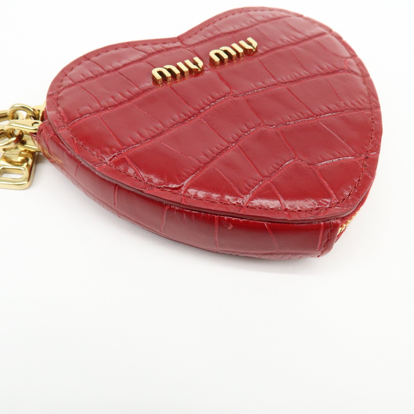 MIU MIU Embossed Leather Coin Case Bag Charm Heart Motif Red 5TL358