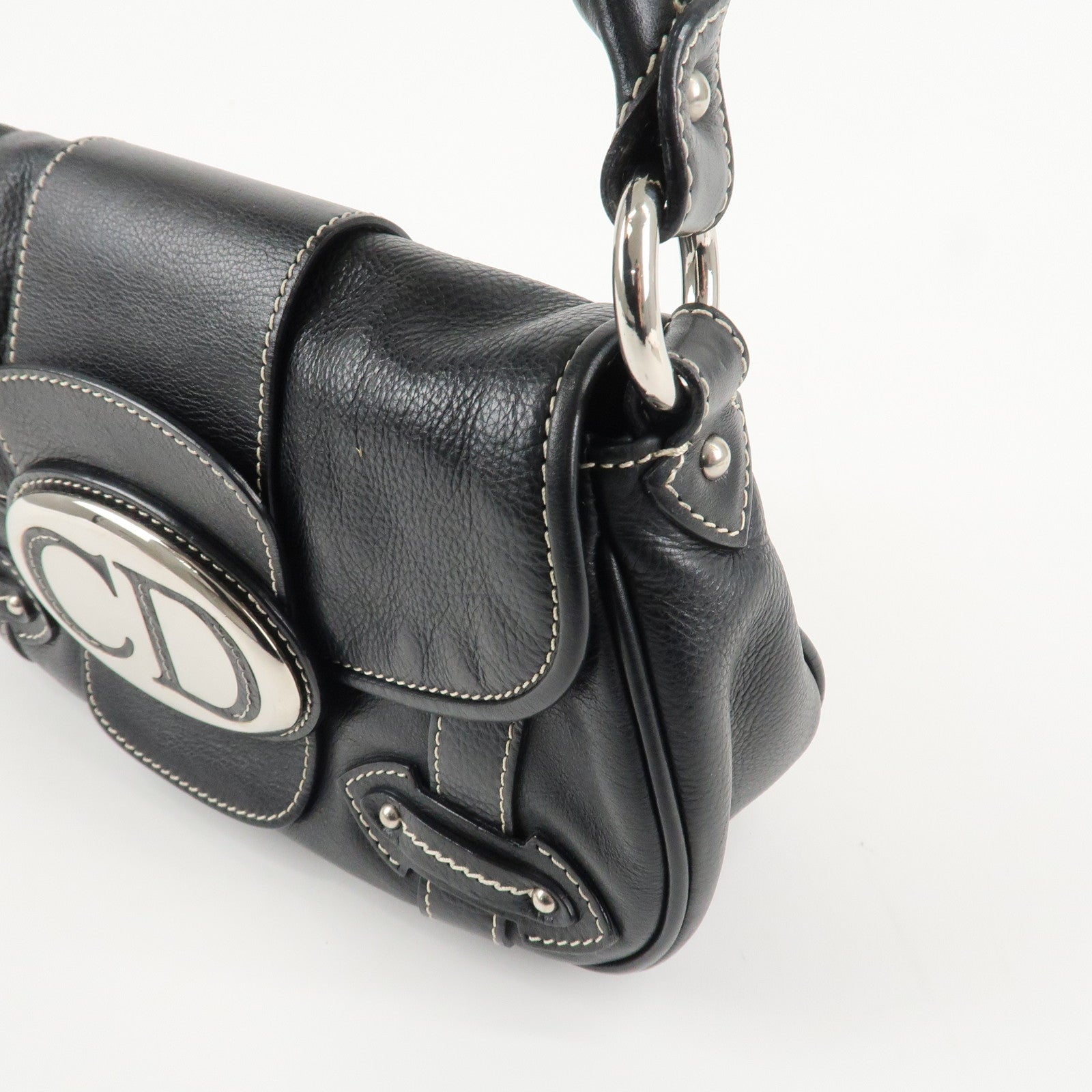 Christian Dior CD Logo Leather Shoulder Bag Hand Bag Black Used