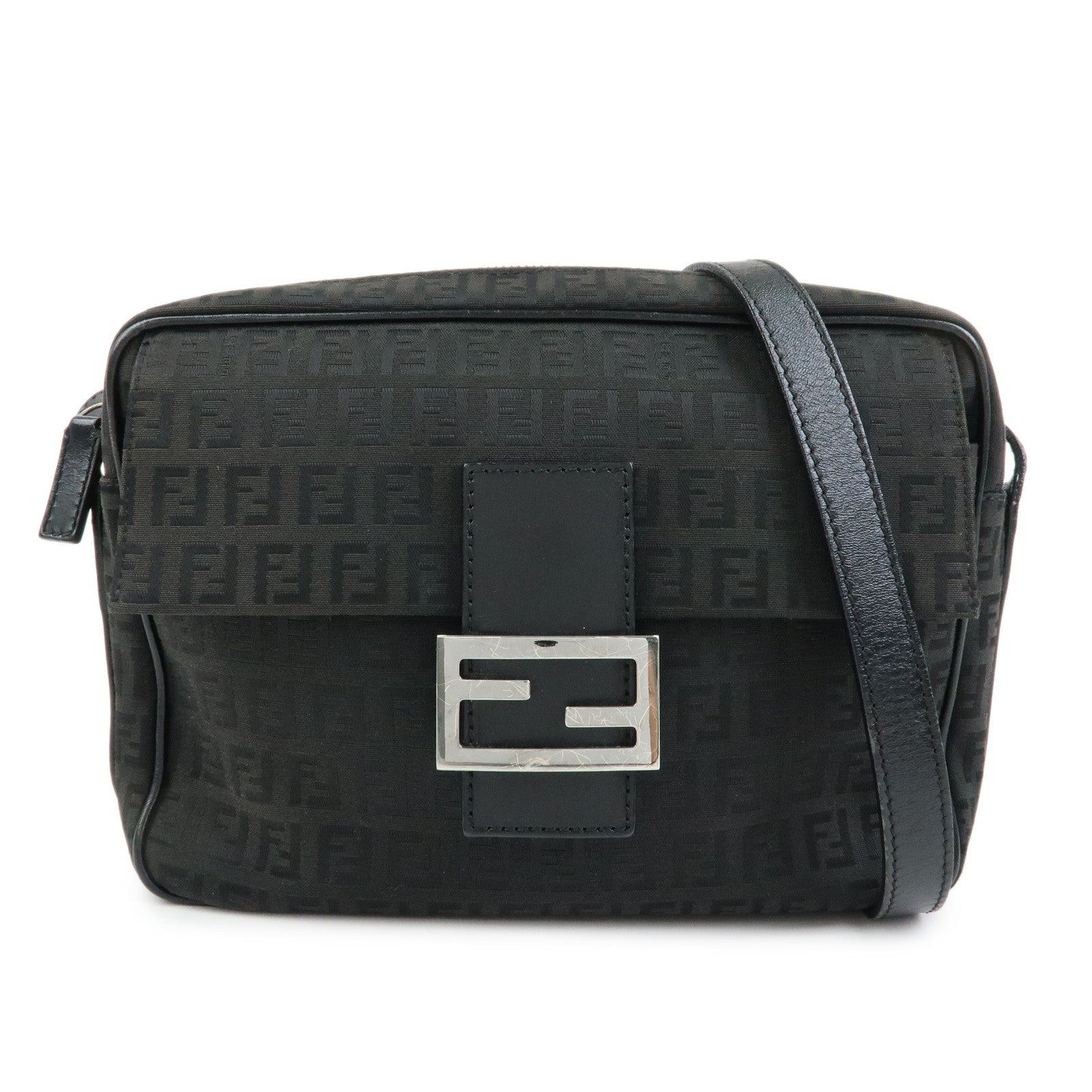 FENDI Zucchino Jacquard Canvas Leather Shoulder Bag Black 8BT117