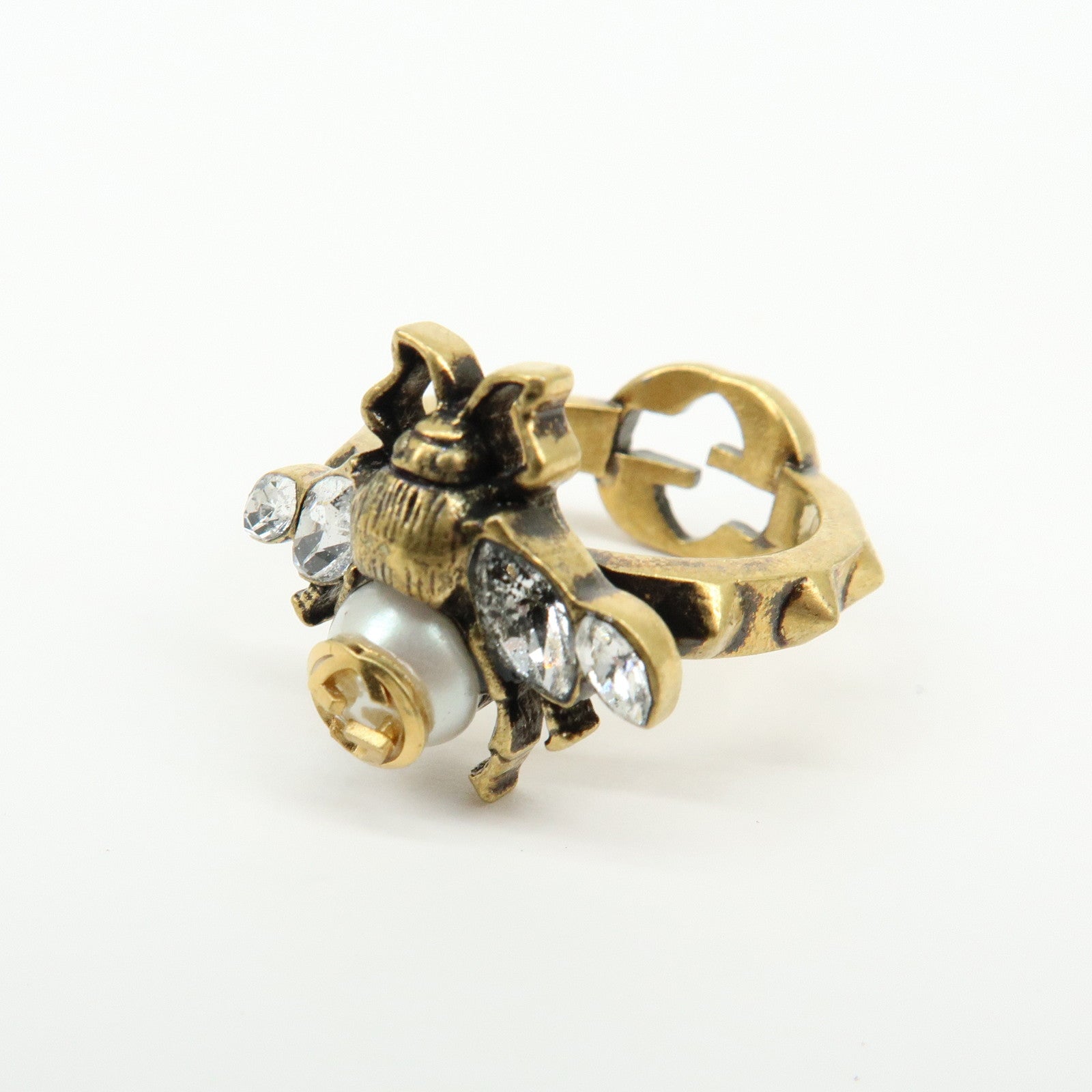 GUCCI Interlocking G Bee Metal Rhinestone Imitation Pearl Ring XS