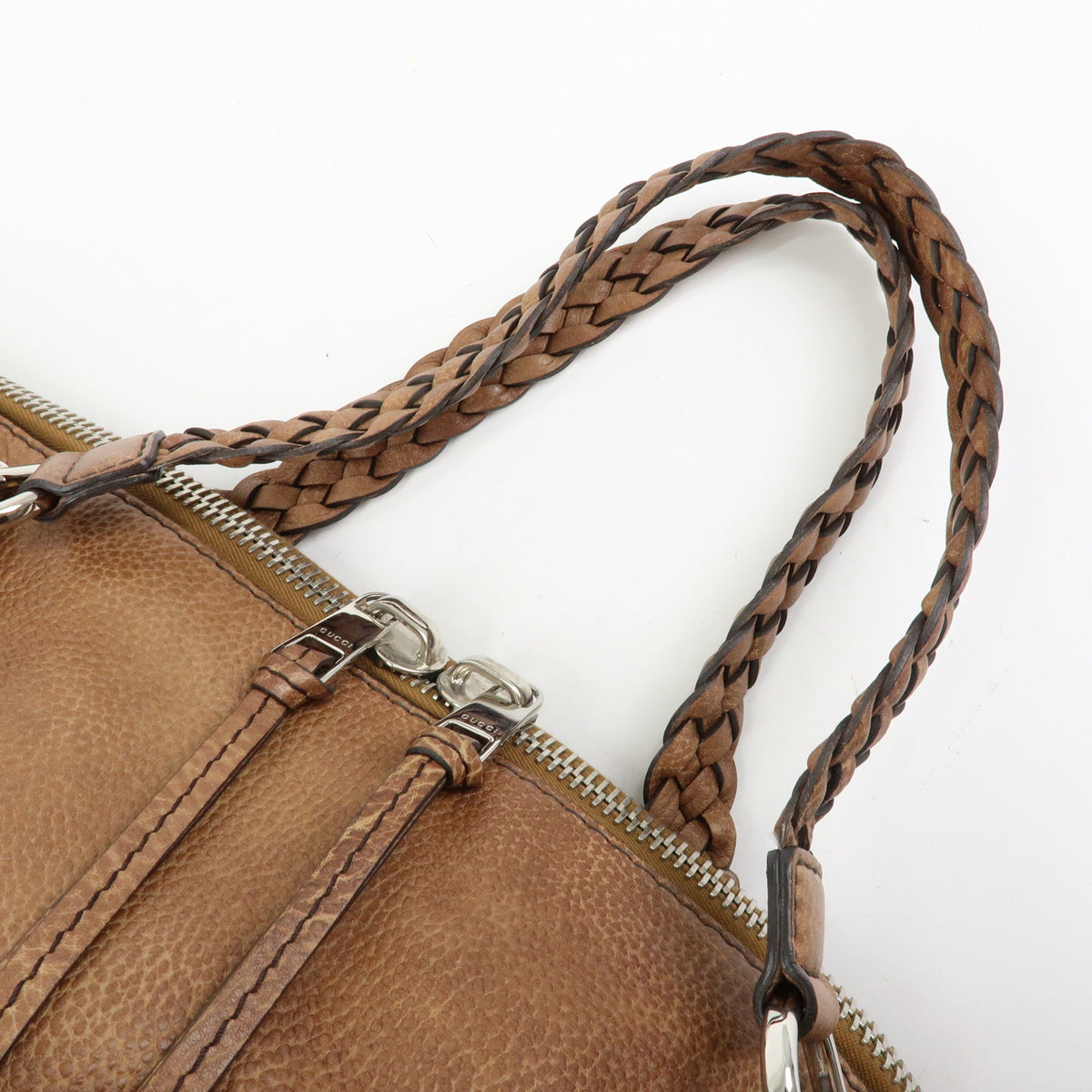 GUCCI Bamboo Embossed Leather Boston Bag Hand Bag Brown 232959