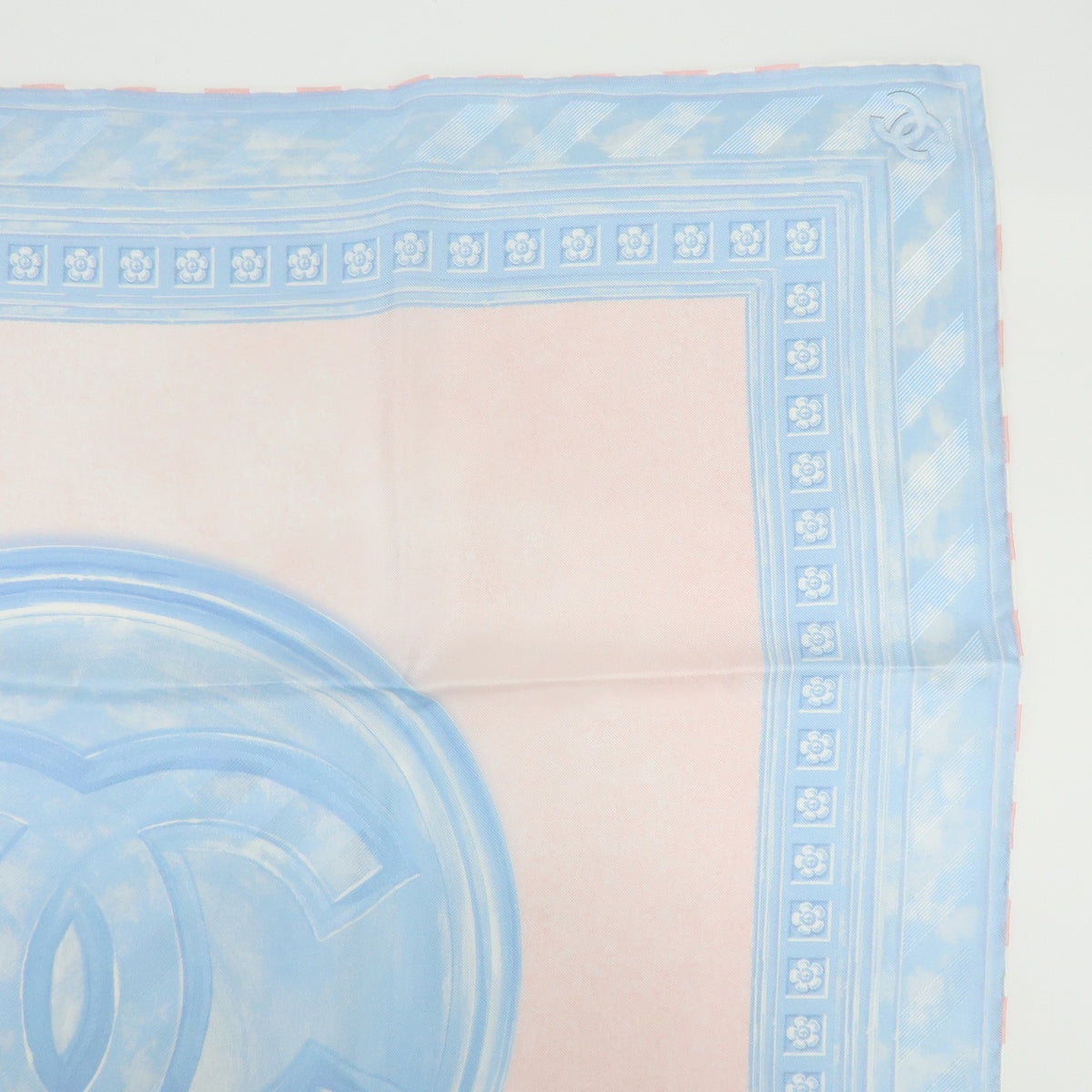 CHANEL COCO Mark Silk 100% Scarf Pink Sky Blue White