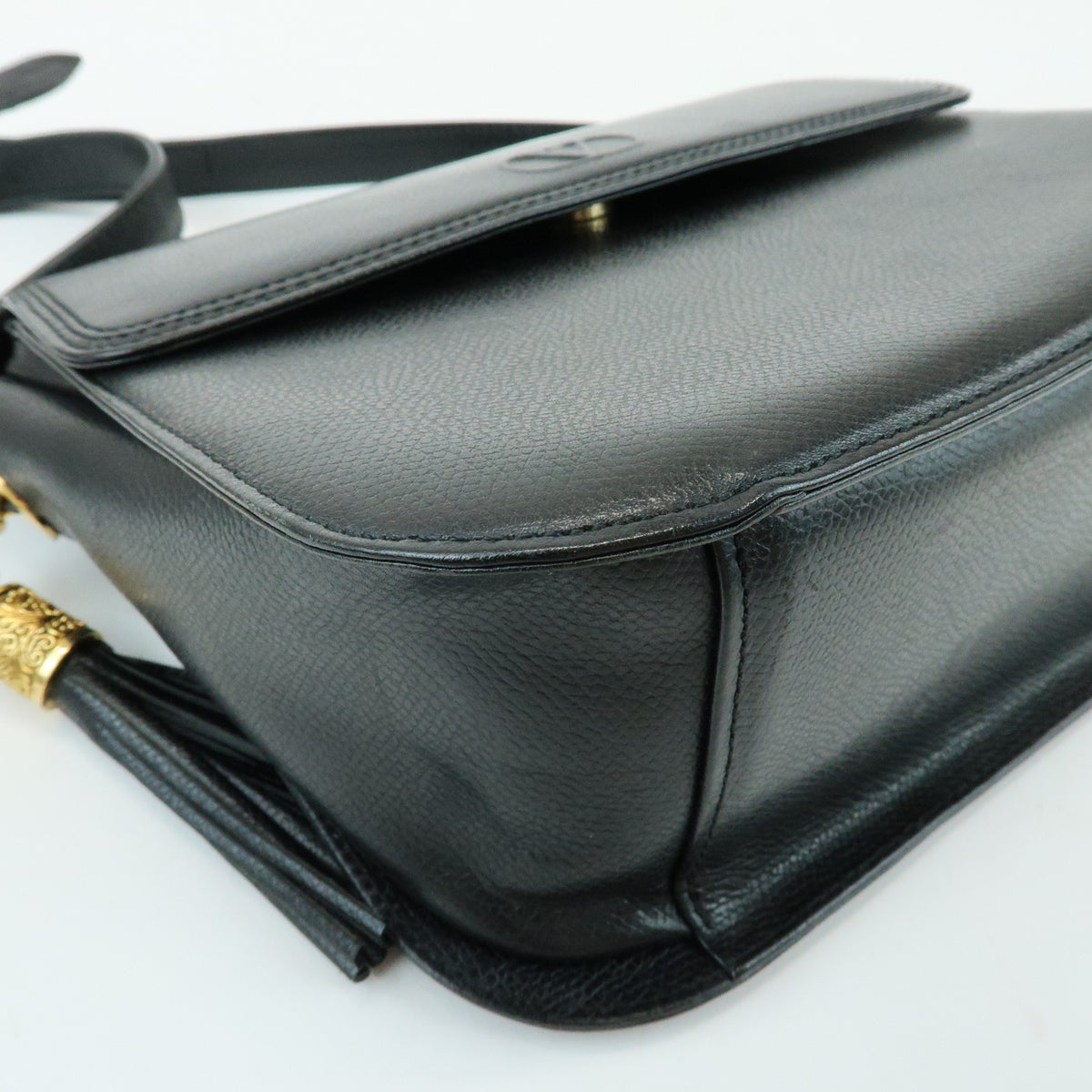 VALENTINO V Logo Leather Shoulder Bag Crossbody Bag Tassel Charm Black