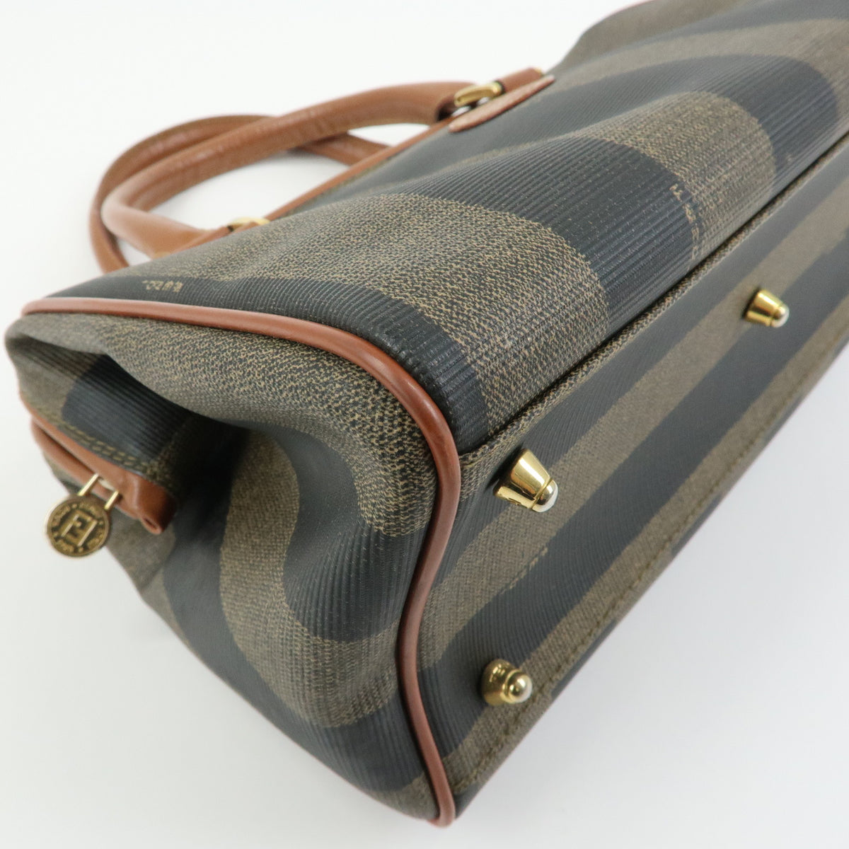 FENDI Pequin PVC Leather Boston Bag Hand Bag Brown Beige Black