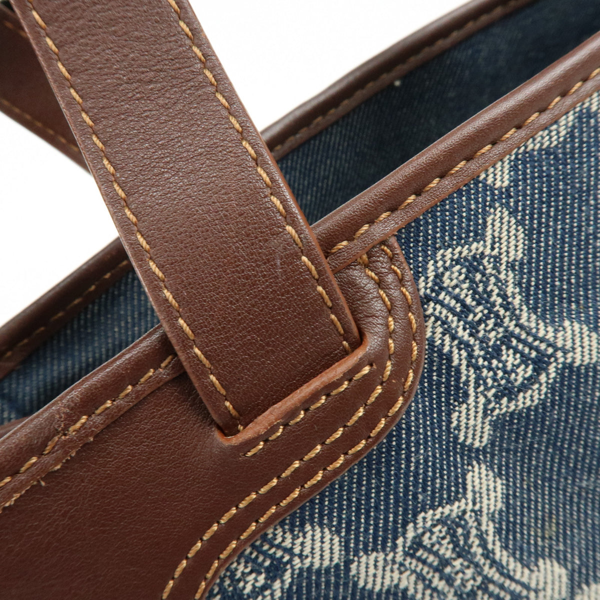 CELINE Paris Macadam Denim Leather Mini Tote Hand Bag Navy Brown
