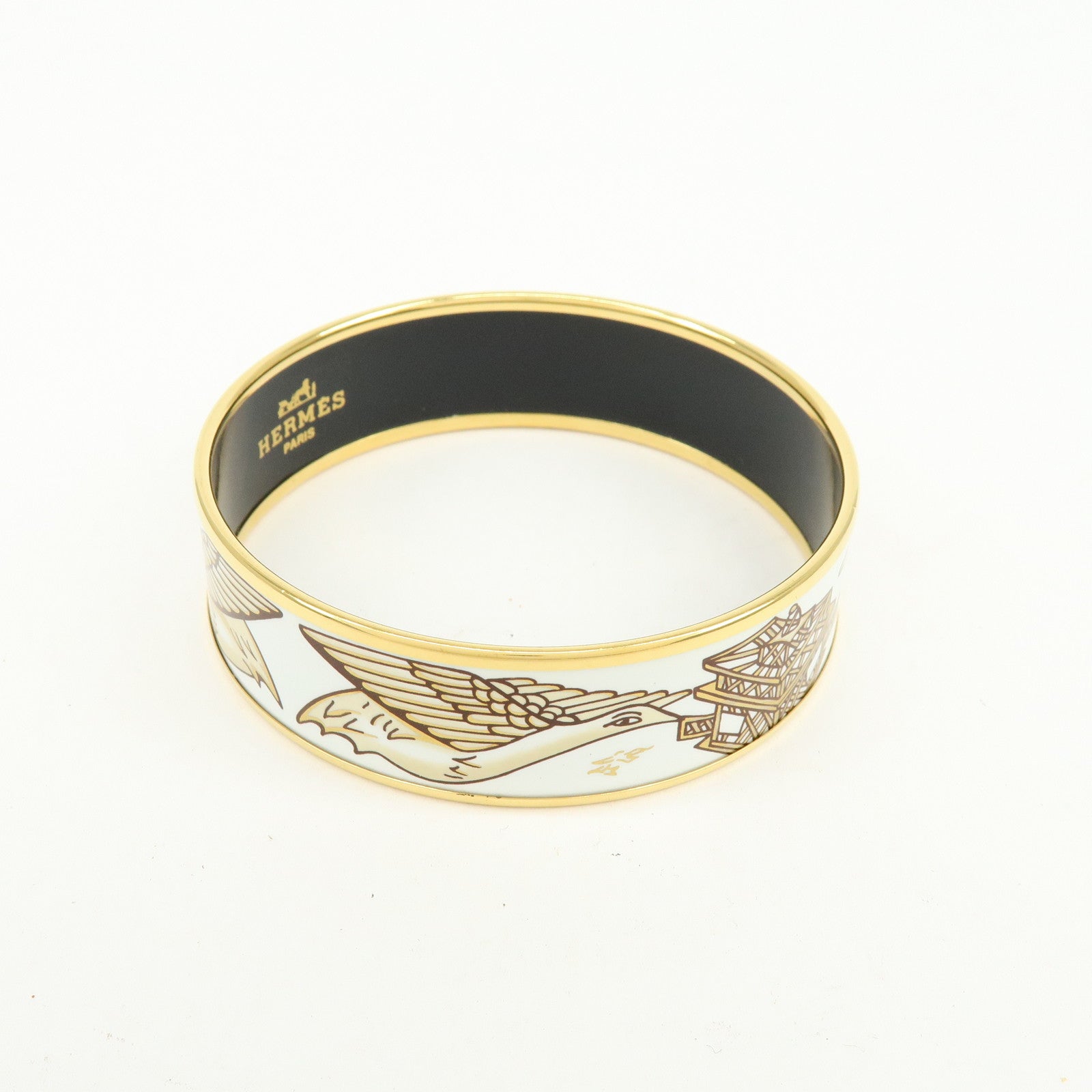 HERMES Email GM Gold Plated Bangle Bracelet Bird White Gold