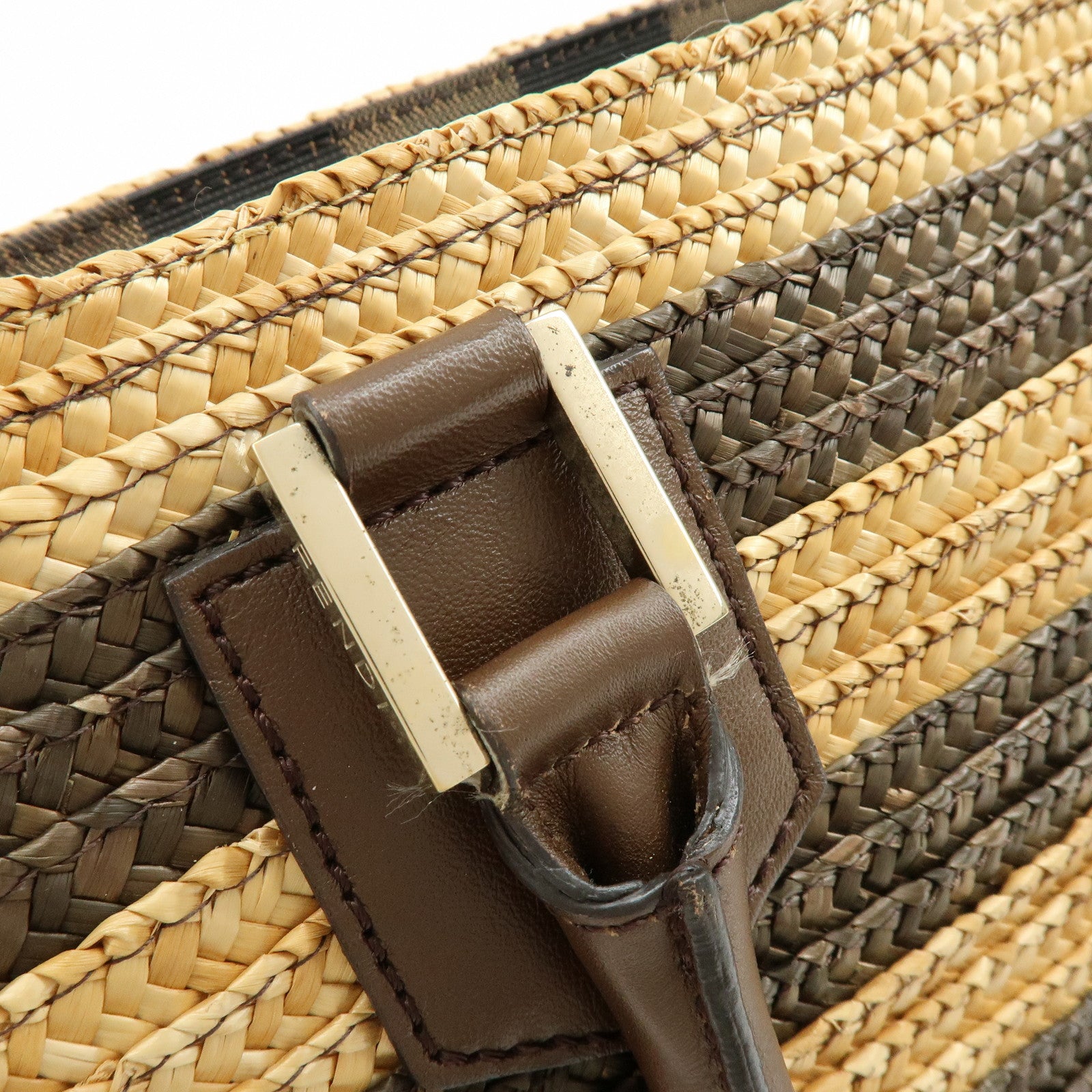 FENDI Pequin Raffia Leather Tote Bag Shoulder Bag Brown Natural