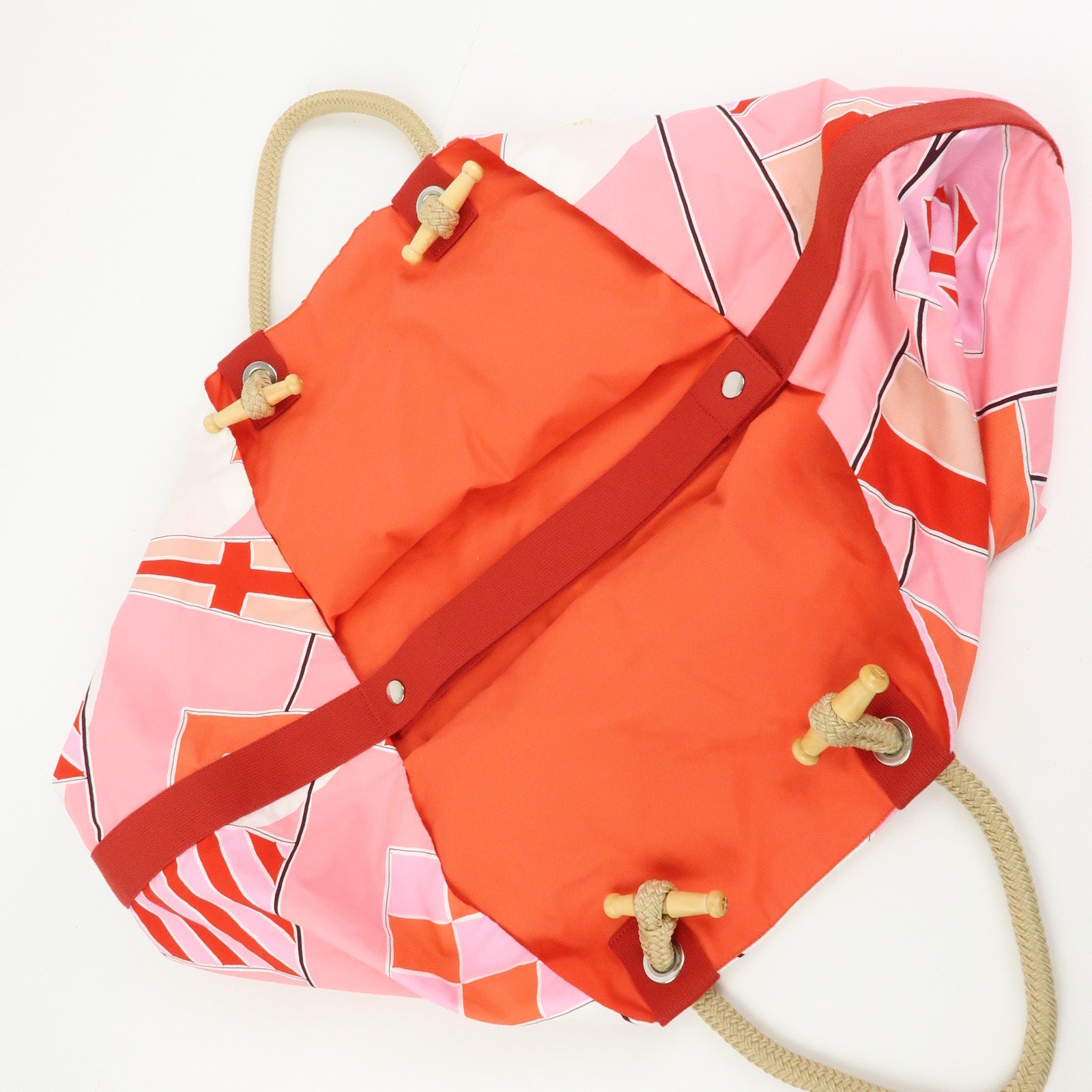 HERMES Cabas Drapeaux Au Vent Cotton Beach Bag Tote Bag Pink Red White