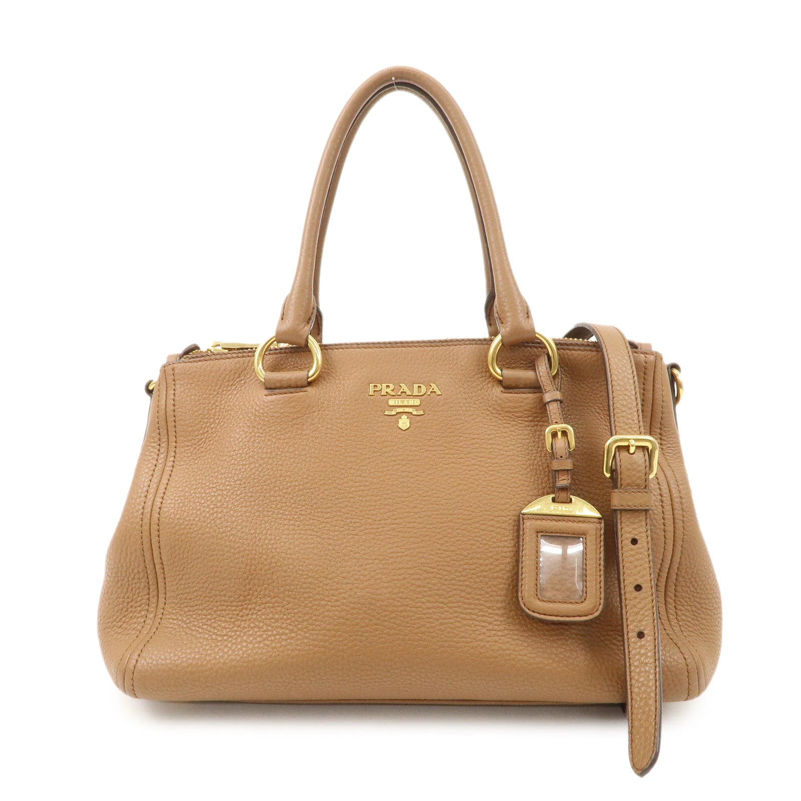 PRADA Logo Leather 2WAY Tote Bag Hand Bag Brown Gold Hardware Used