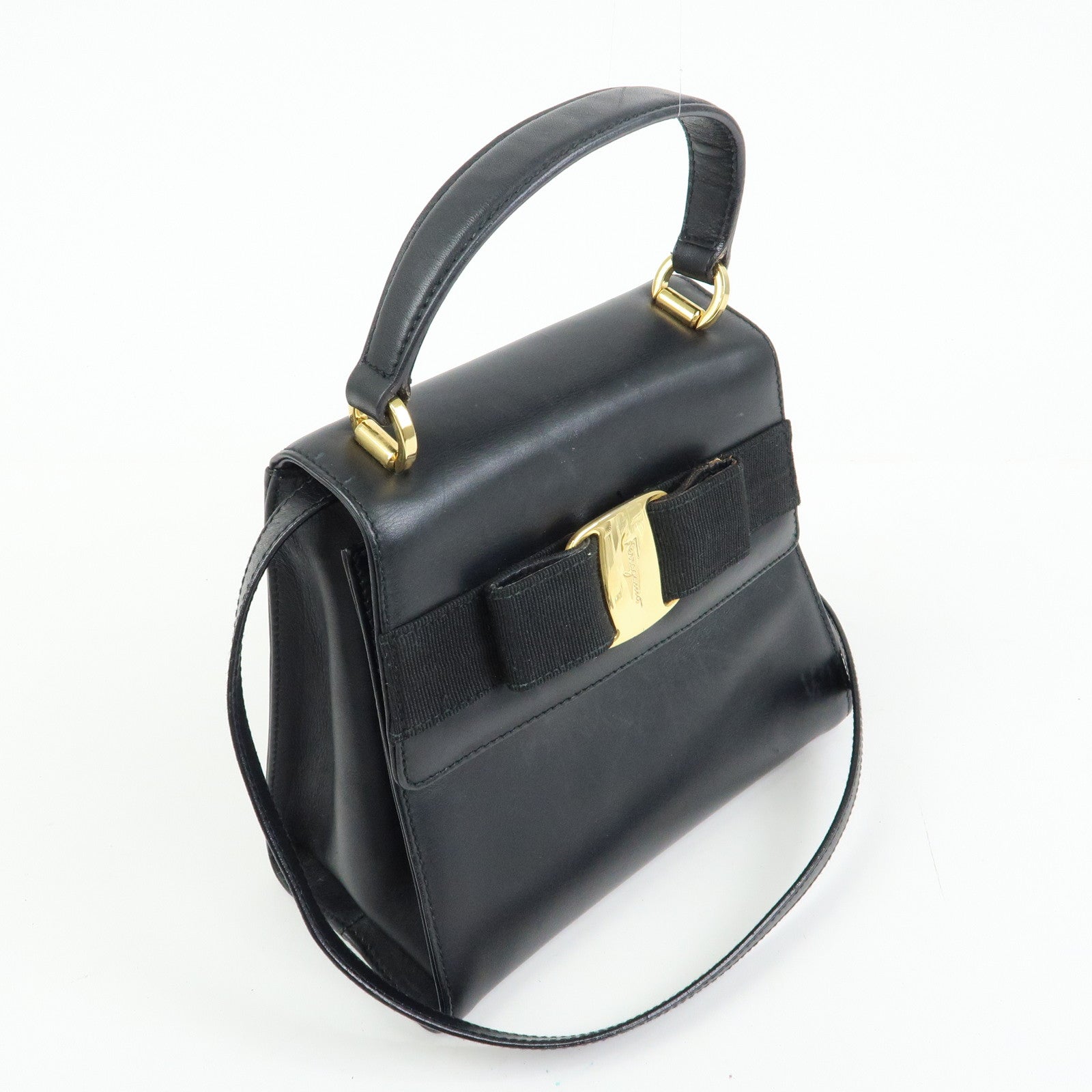 Ferragamo Vara Ribbon Leather 2Way Hand Bag Shoulder Bag Black
