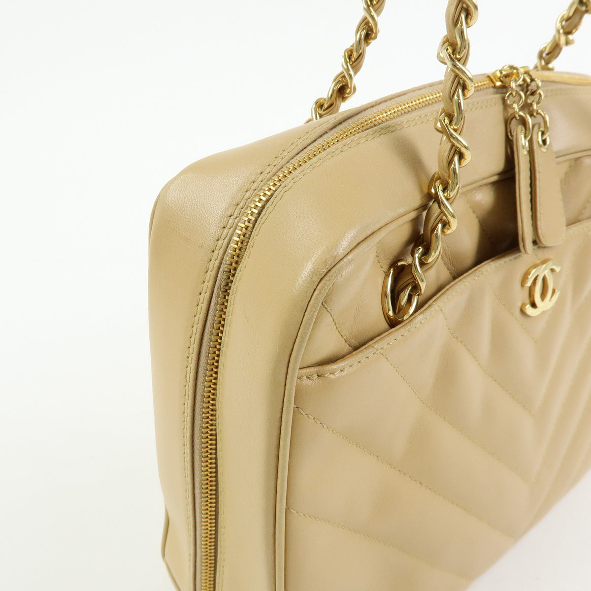 CHANEL Chevron COCO Mark Lamb Skin Chain Shoulder Bag Beige