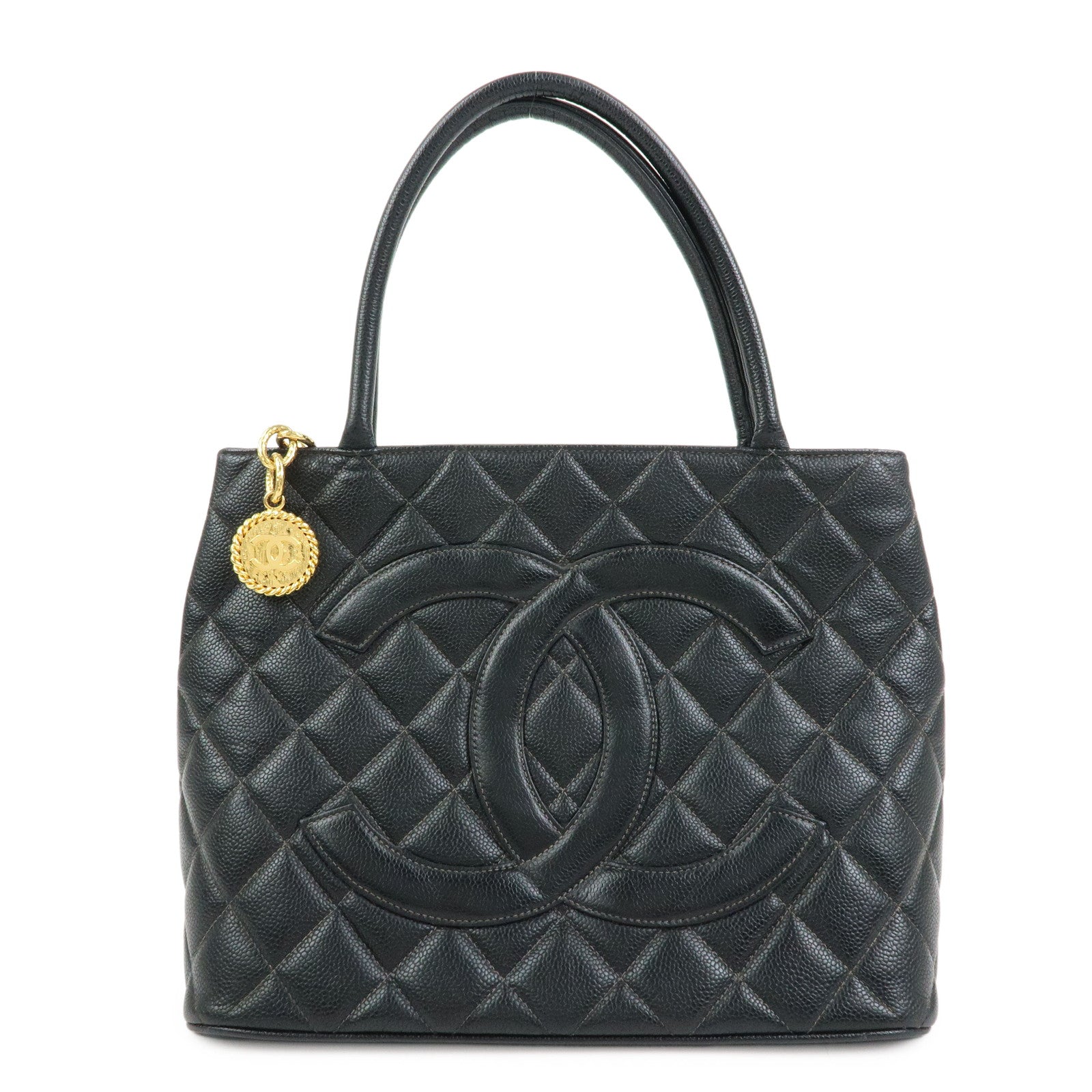 CHANEL Matelasse COCO Mark CaviarSkin Medallion Tote Bag Black A01804