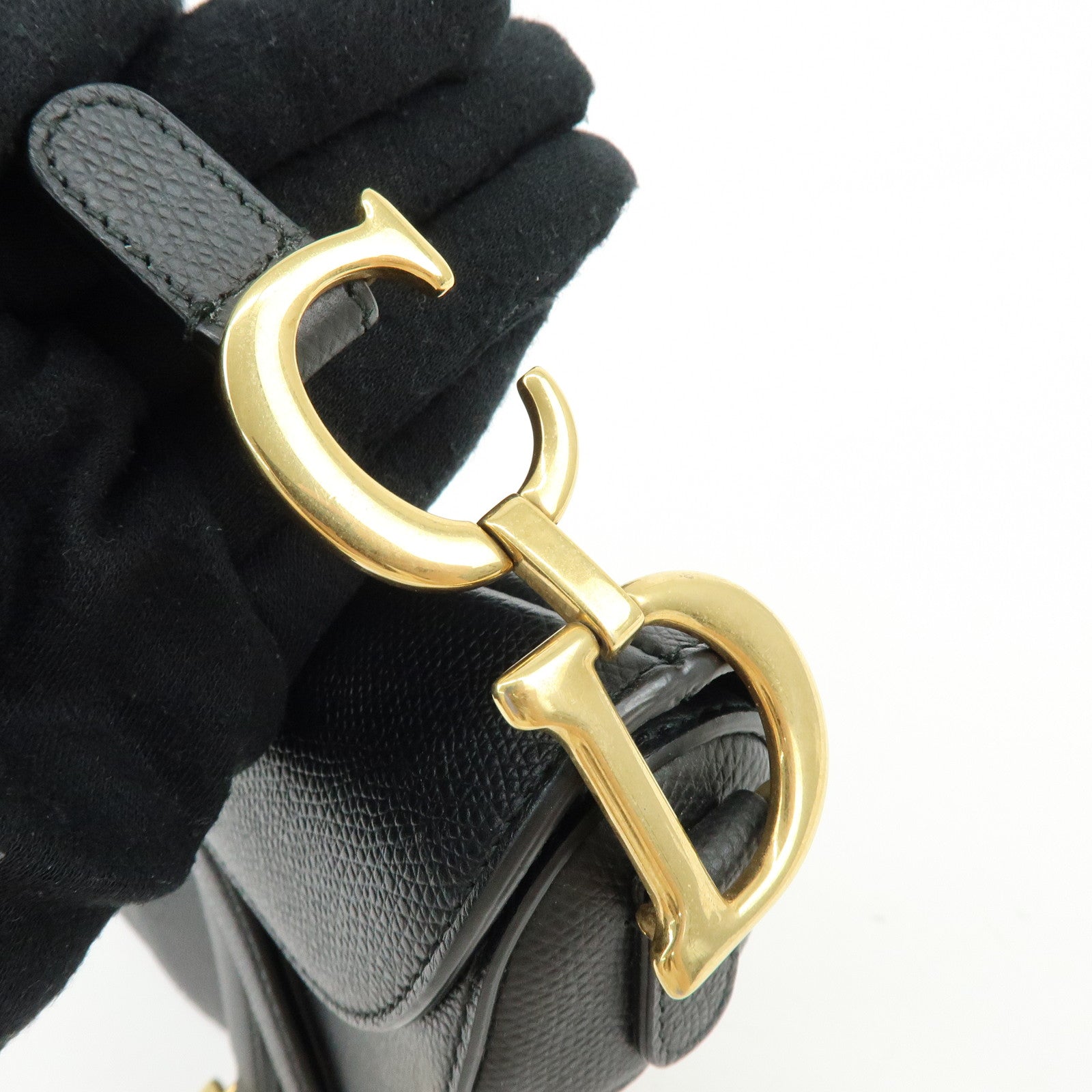 Christian Dior CD Logo Saddle Bag Leather Hand Bag Black