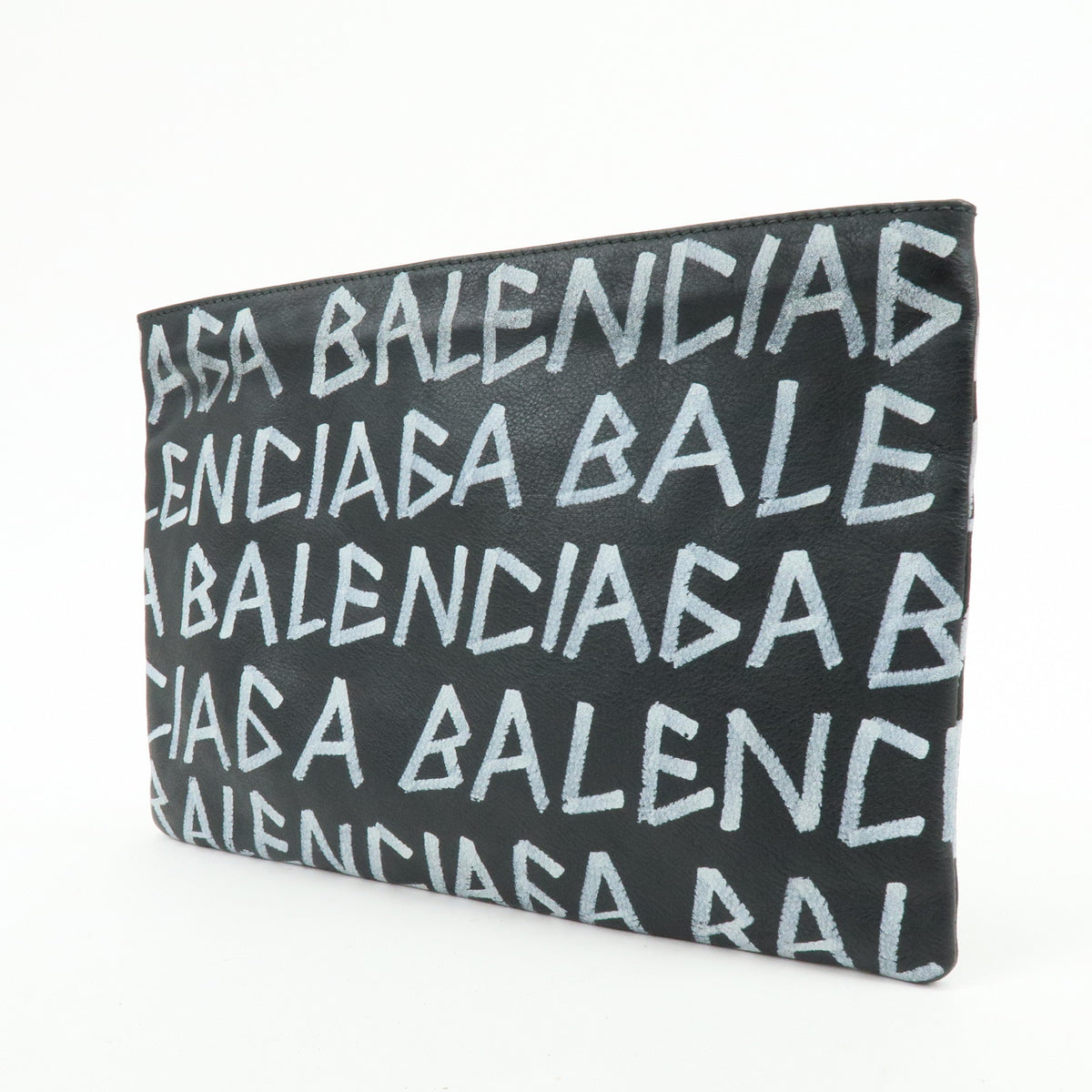 BALENCIAGA Graffiti Leather Clutch Bag Flat Pouch Black White