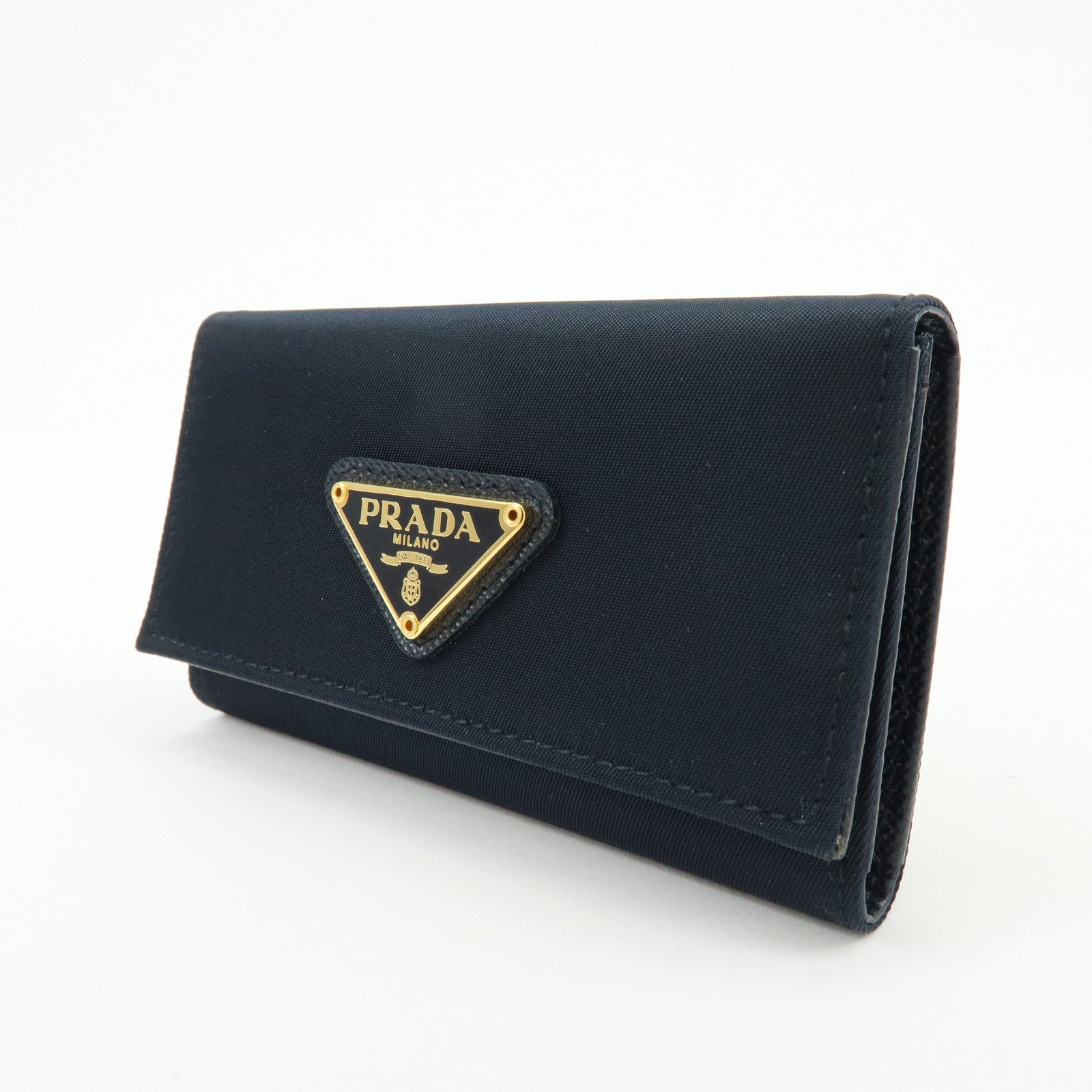 PRADA Triangle Logo Nylon Saffiano Leather Key Case Black 1M0222