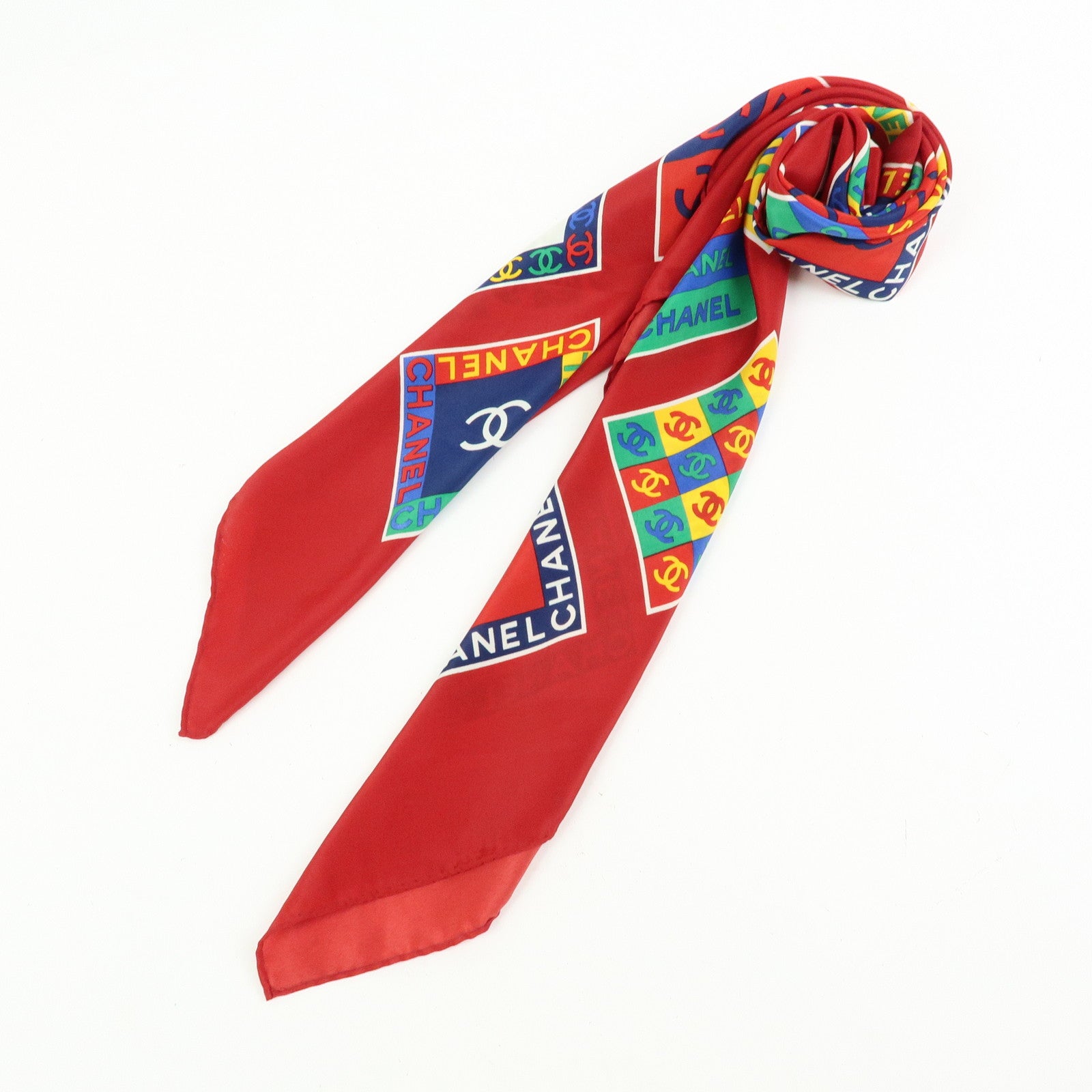 CHANEL COCO Mark Logo Silk 100% Scarf Red Multicolor