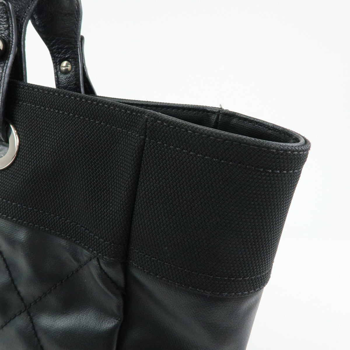CHANEL Paris Biarritz MM Leather Canvas Tote Bag Hand Bag Black A34209