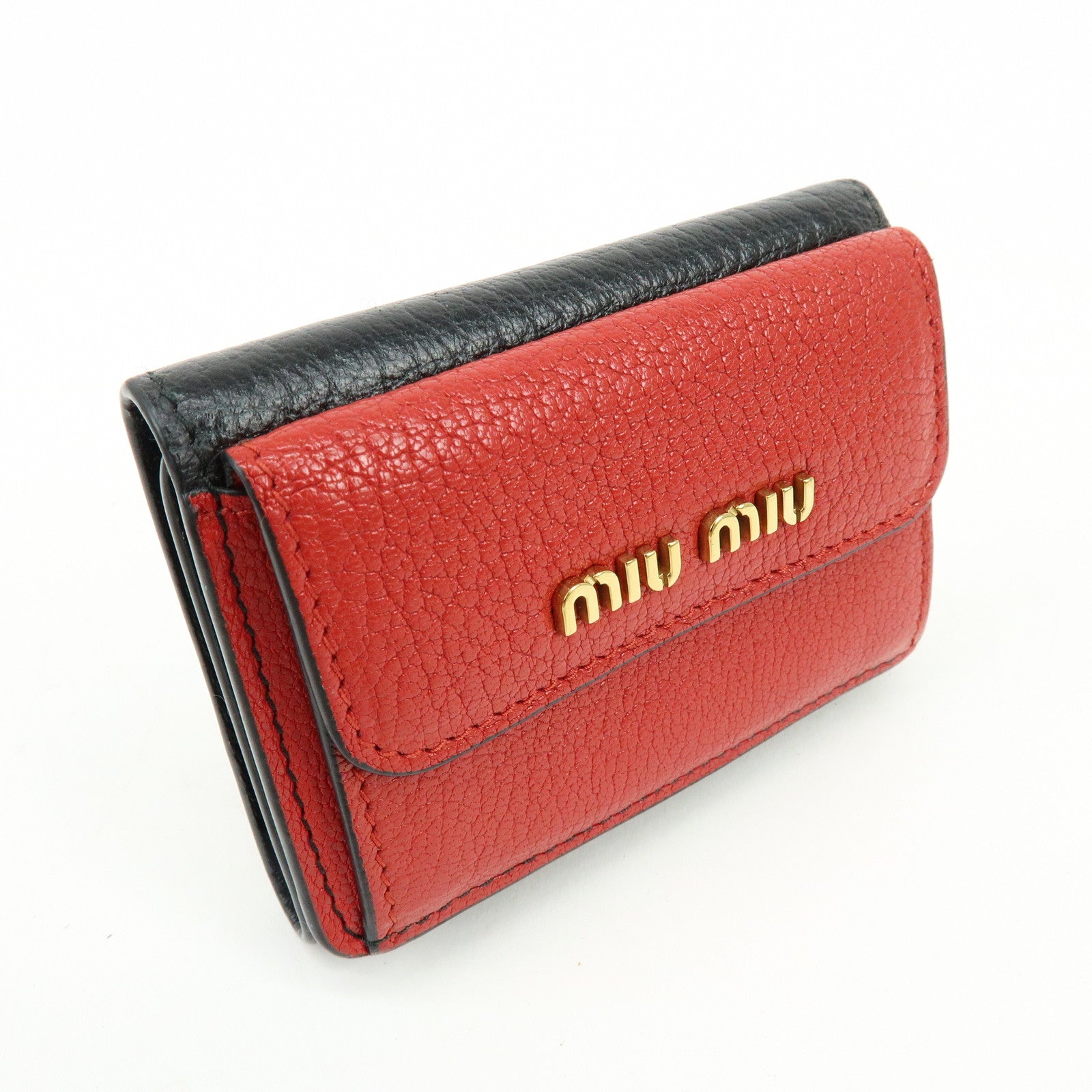 MIU MIU Logo Madras Leather Tri-fold Compact Wallet Red Black 5MH020
