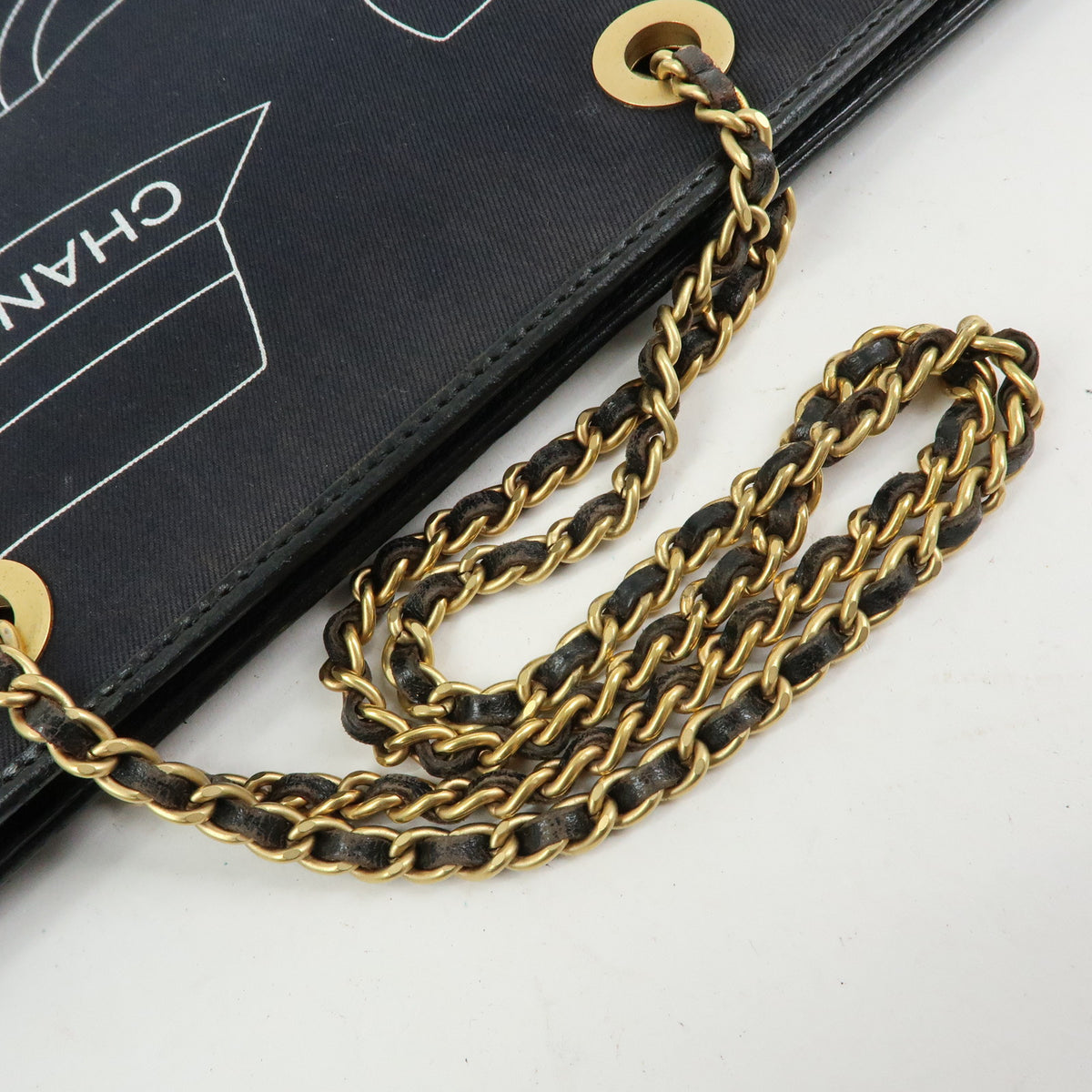 CHANEL Icon Line Canvas Leather Tote Bag Hand Bag Black
