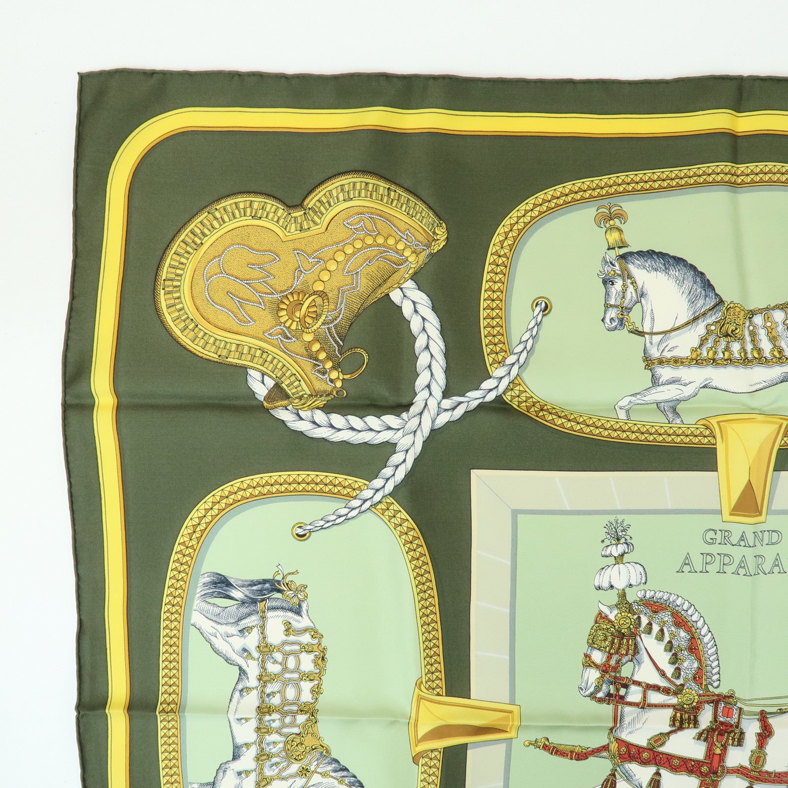 HERMES Carre 90 Silk 100% Scarf GRAND APPARAT Khaki Gold Green