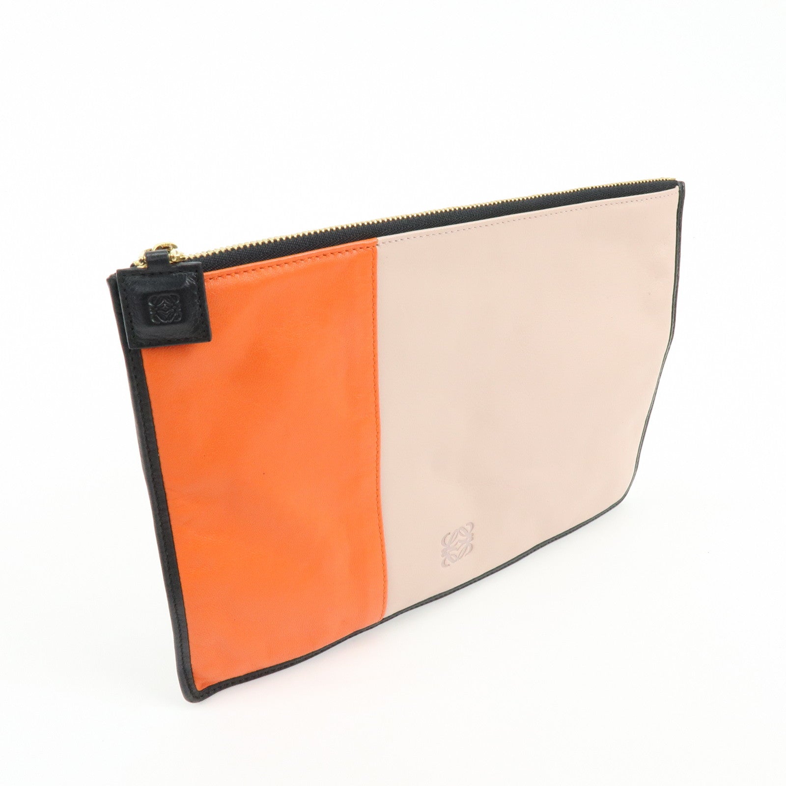 LOEWE Anagram Nappa Leather Clutch Bag Flat Pouch Pink Orange