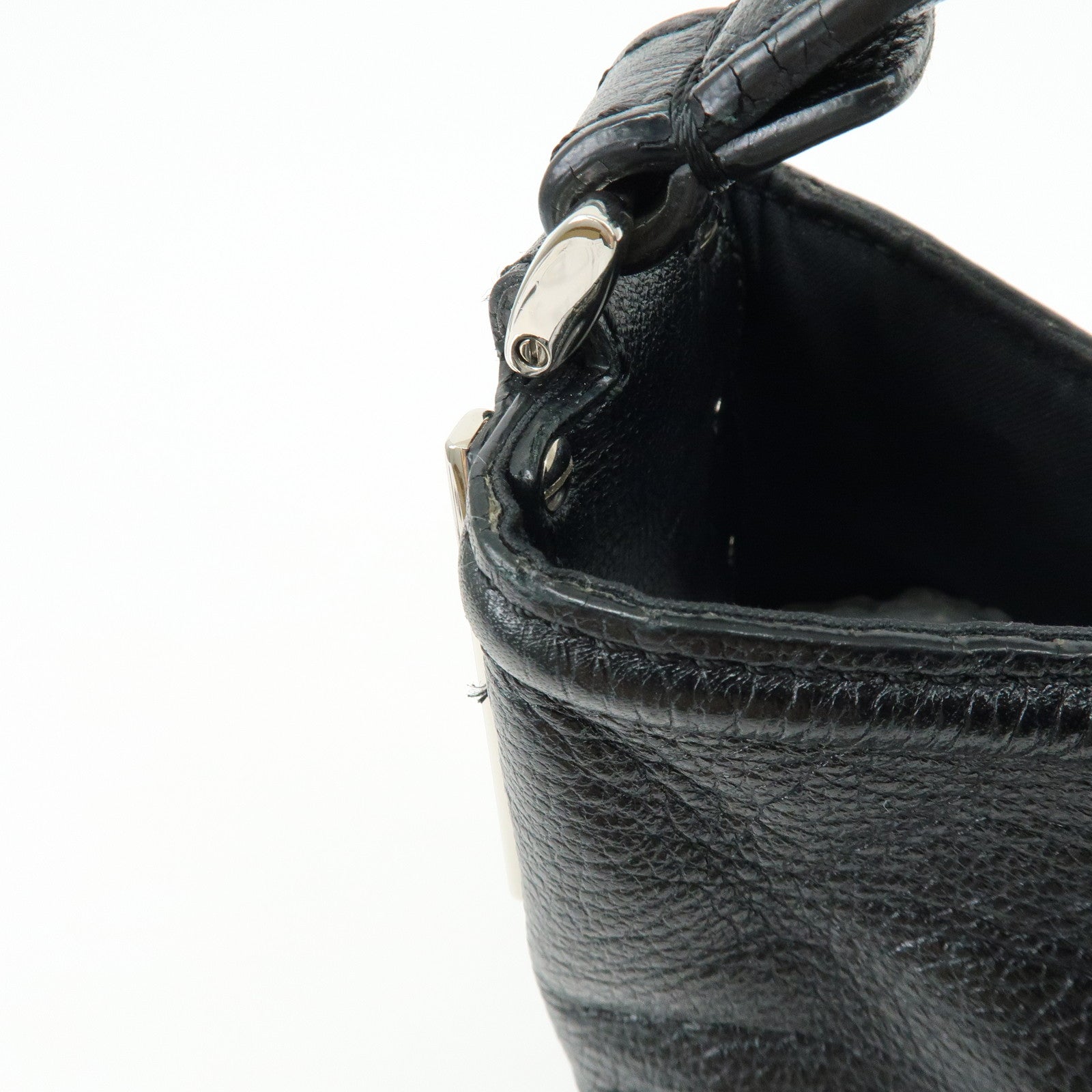 FENDI Leather Shoulder Bag Hand Bag Logo Charm Black 8BR697