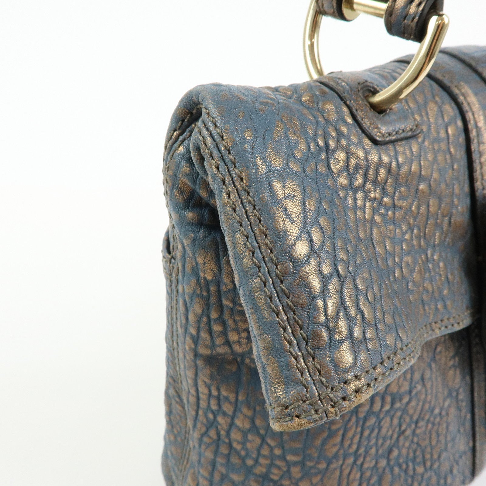 BVLGARI Leoni Leather Top Handle 2Way Bag Shoulder Bag Blue Bronze