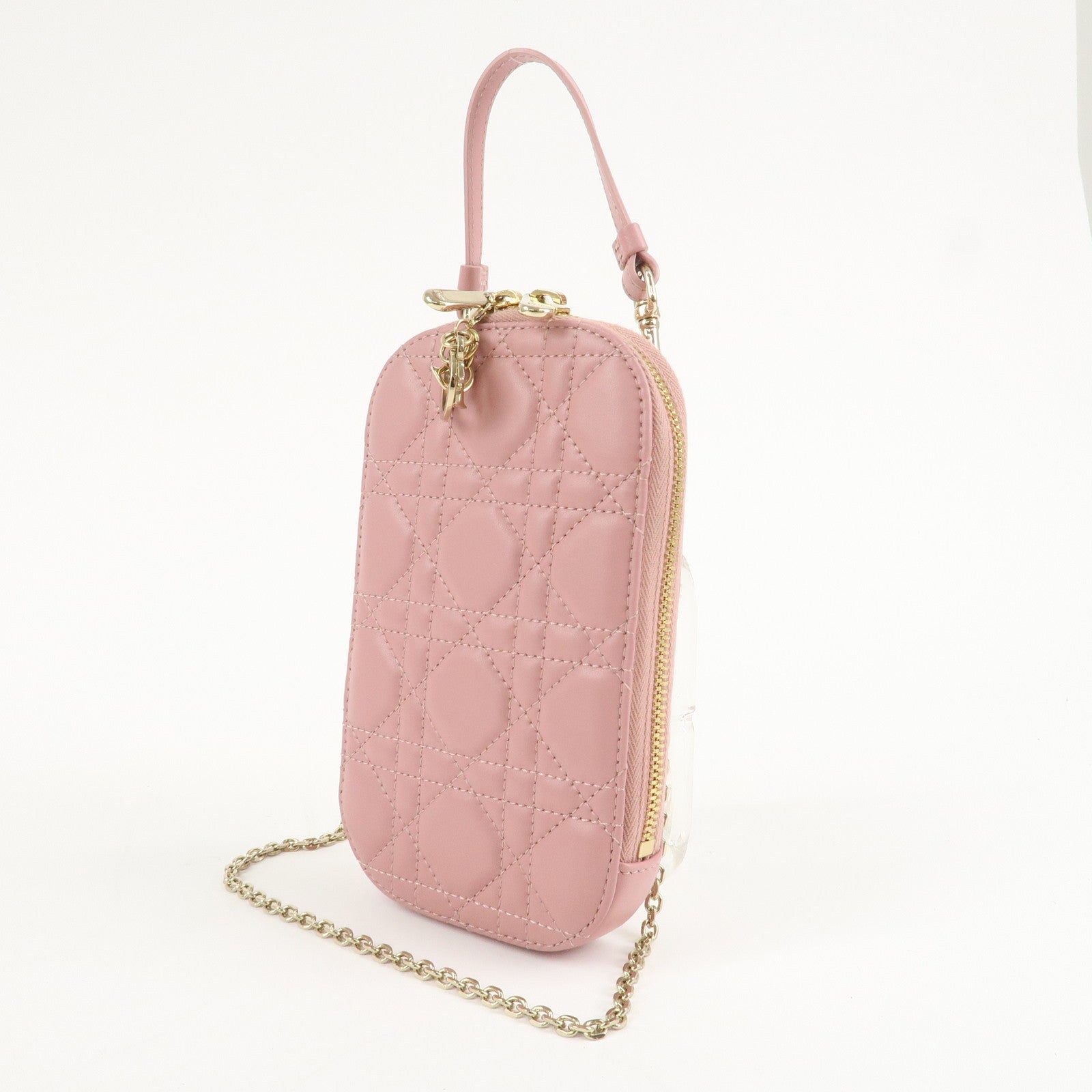 Christian Dior Cannage Leather Phone Holder Shoulder Bag Pink Used