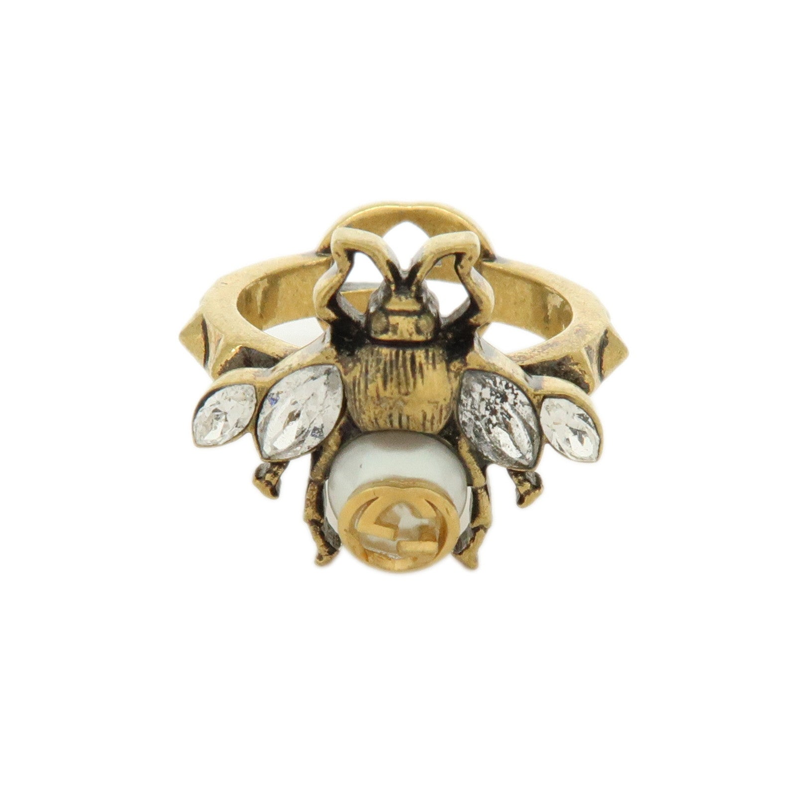GUCCI Interlocking G Bee Metal Rhinestone Imitation Pearl Ring XS