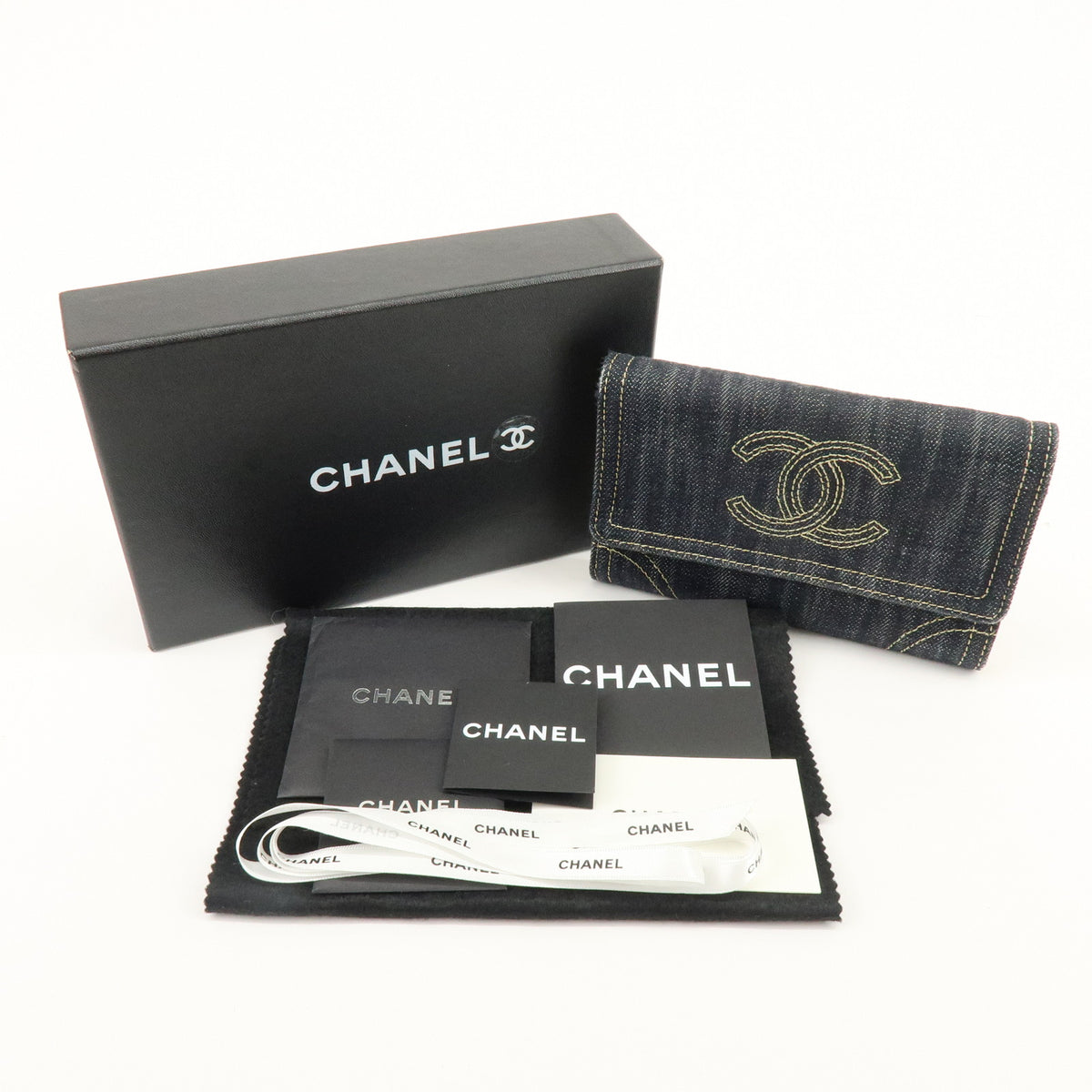 CHANEL COCO Mark Denim Long Wallet Indigo Blue Gold A31991