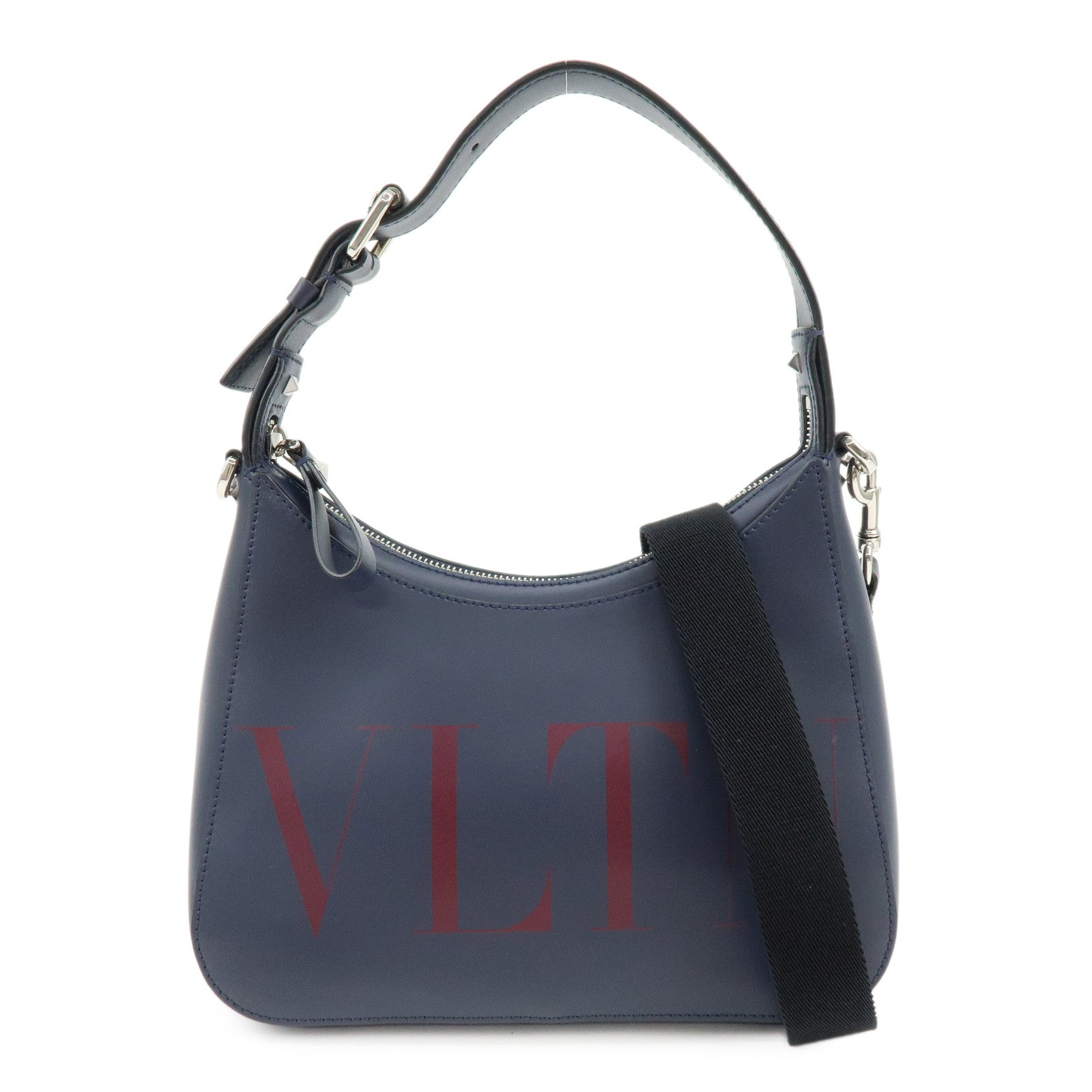VALENTINO Logo Leather 2Way Bag Hand Bag Shoulder Bag Navy