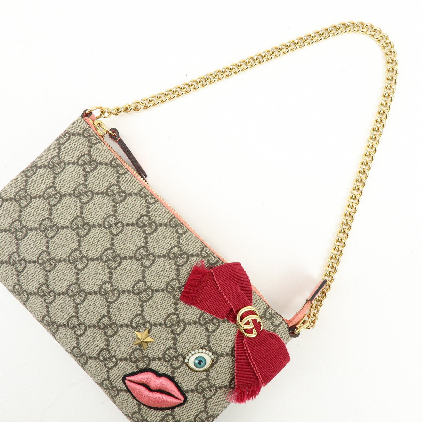 GUCCI Double G GG Supreme Leather Chain Shoulder Bag Ribbon Pink 431396