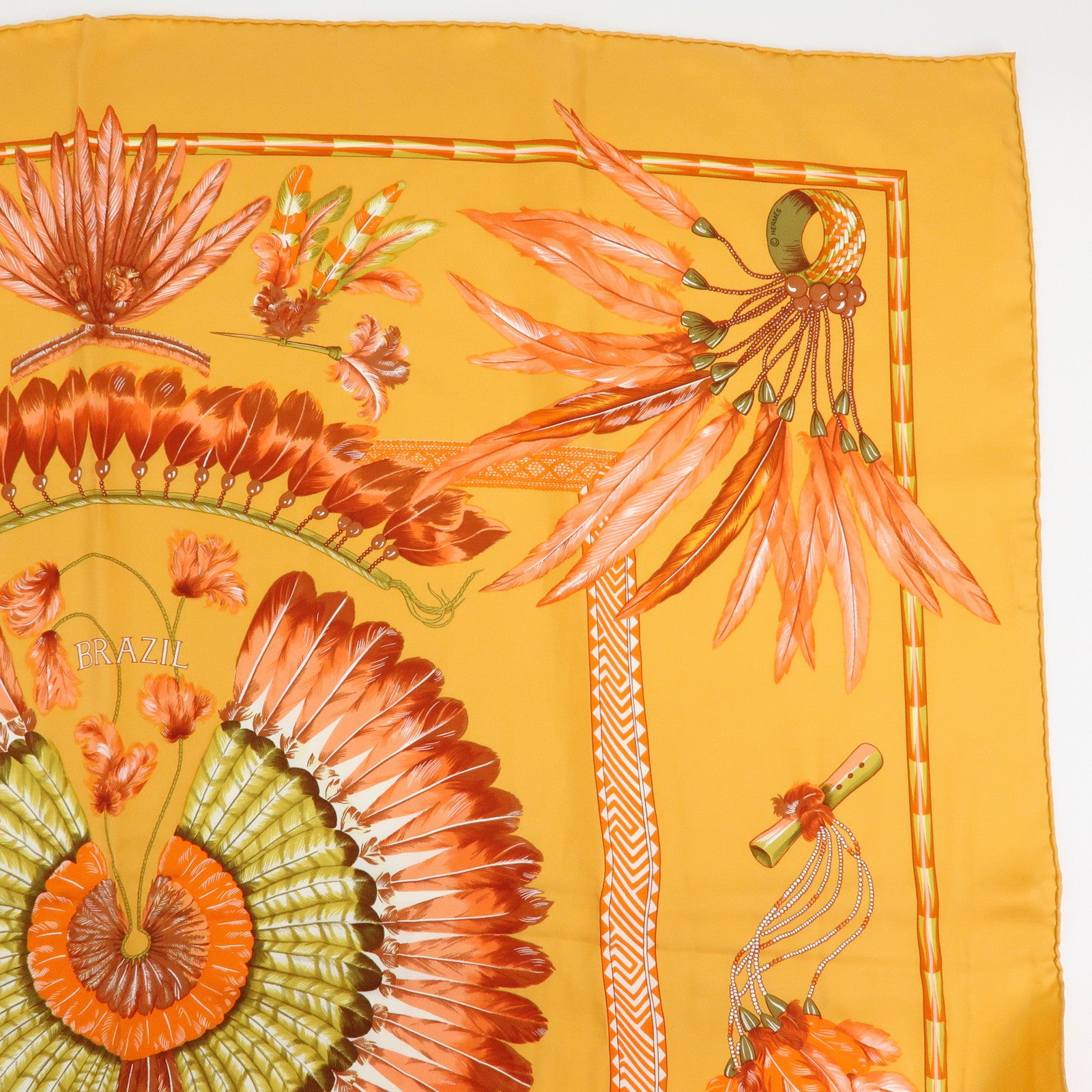 HERMES Carre 90 Silk 100% Scarf BRAZIL Orange Khaki