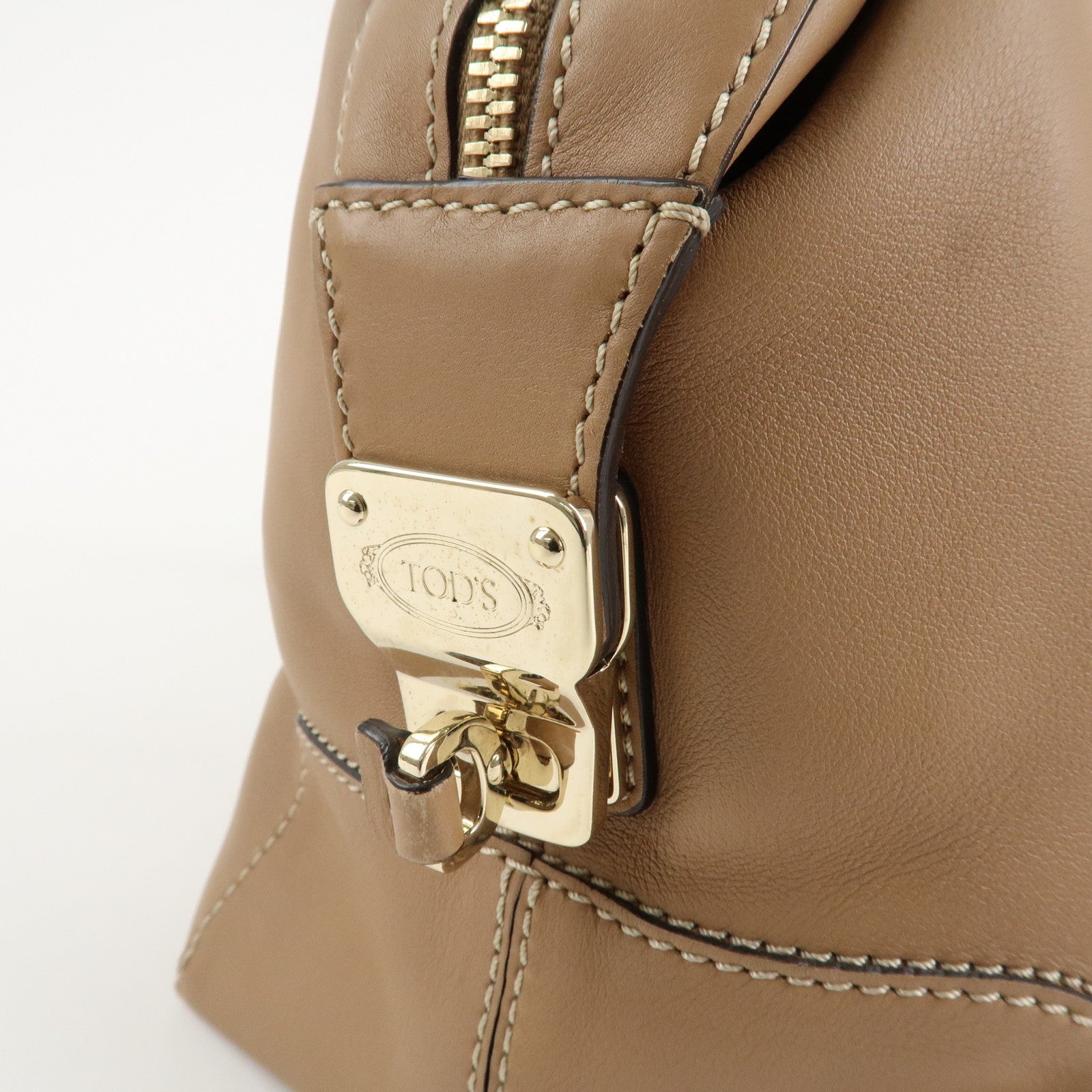 TOD'S Leather Shoulder Bag Boston Bag Hand Bag Beige Used