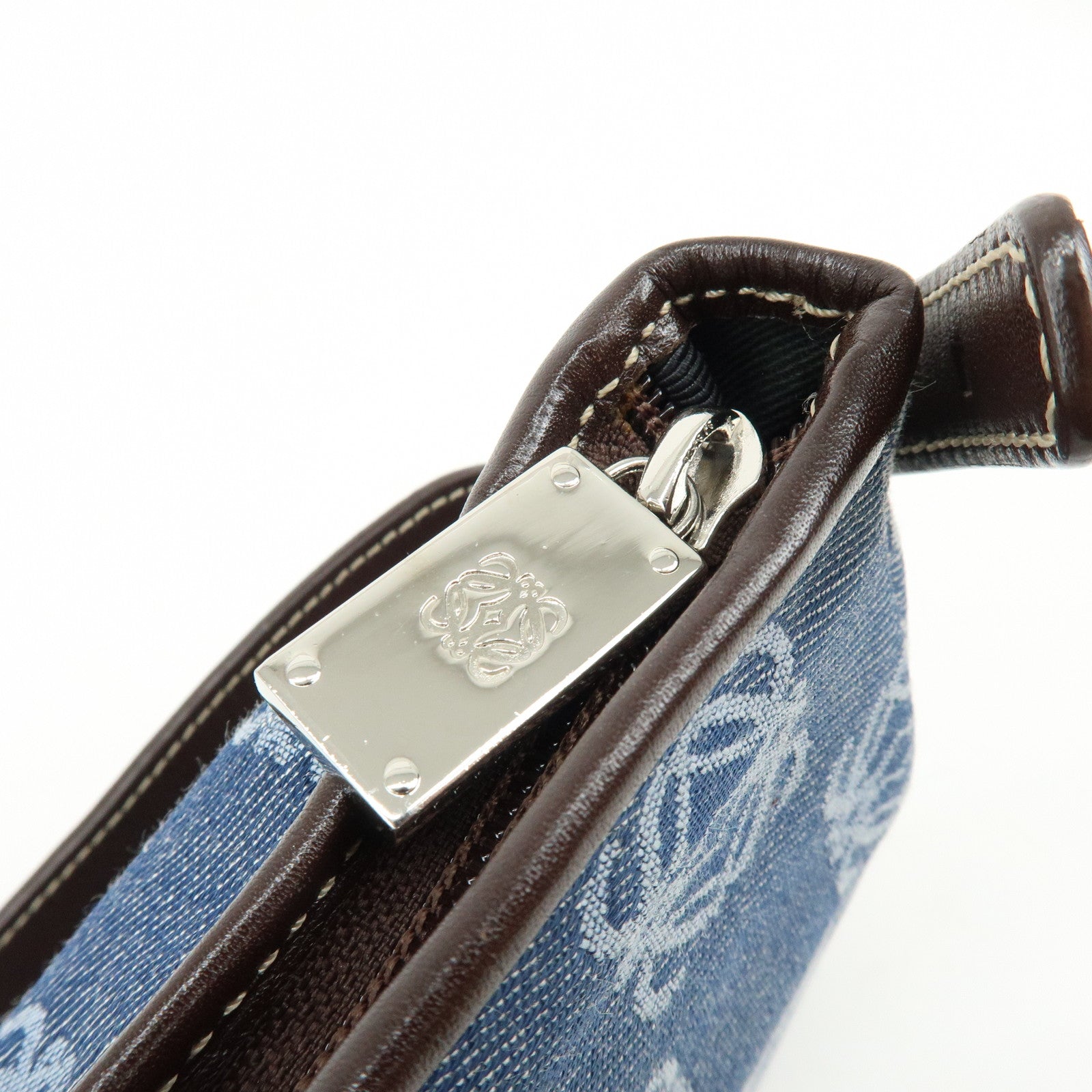 LOEWE Repeat Anagram Denim Leather Shoulder Bag Denim Brown