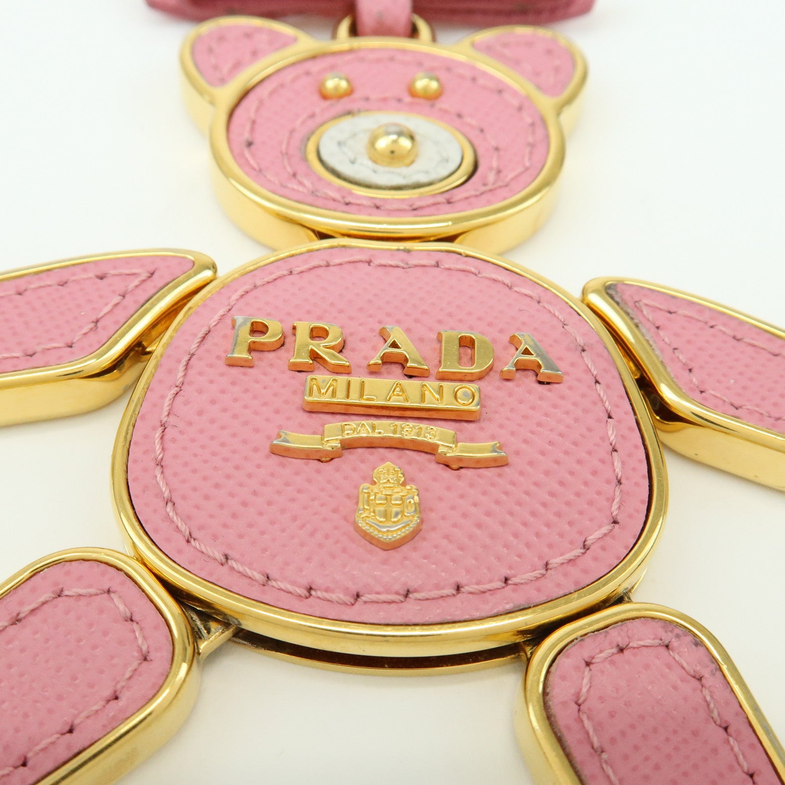 PRADA Metal Saffiano Leather Bag Charm Key Charm Bear Motif Pink