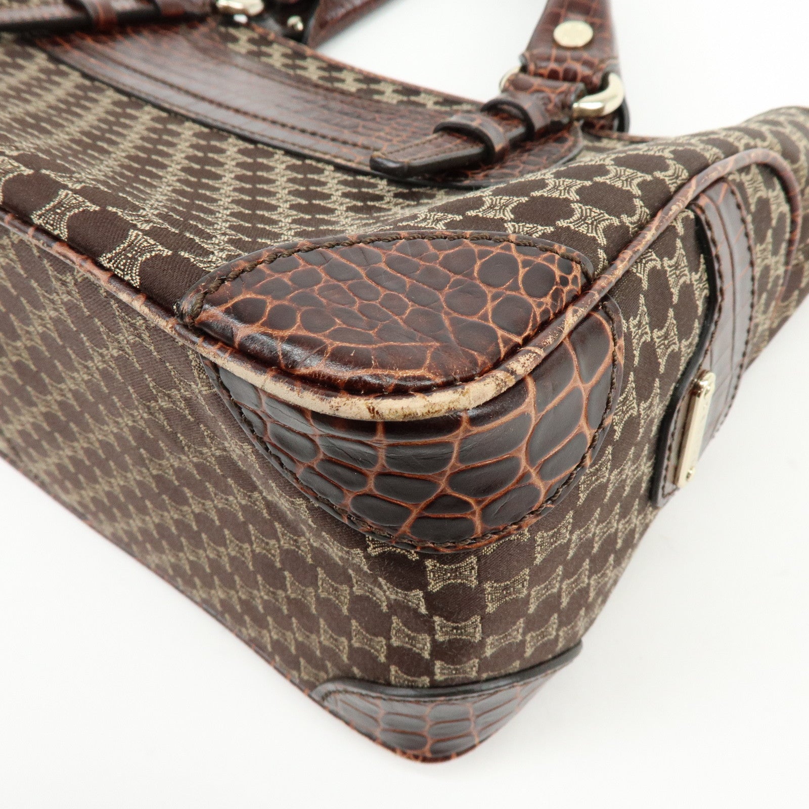 CELINE Macadam Boogie Bag Embossed Leather Canvas Hand Bag Brown