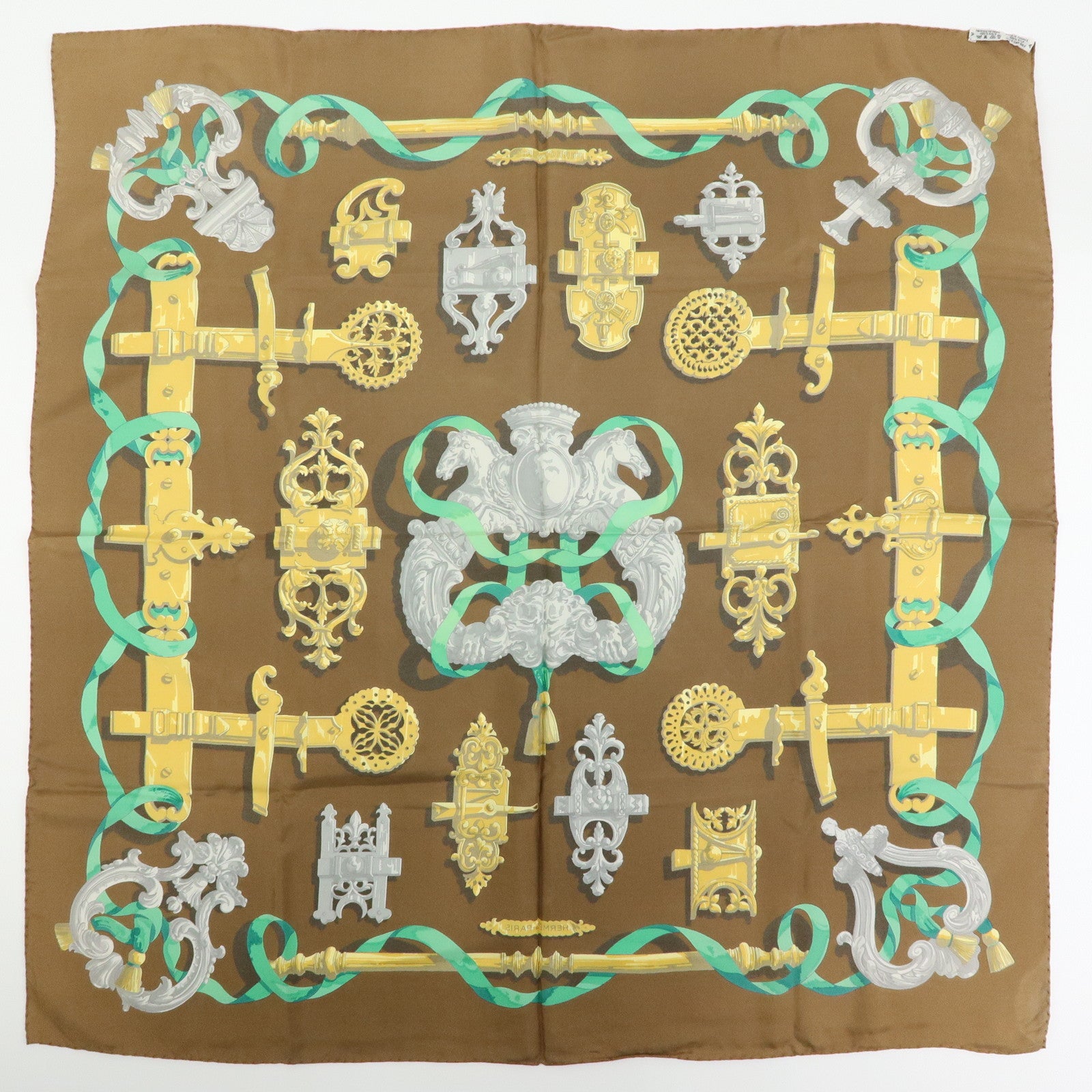 HERMES Carre 90 Silk 100% Scarf Ferronnerie Brown Gold