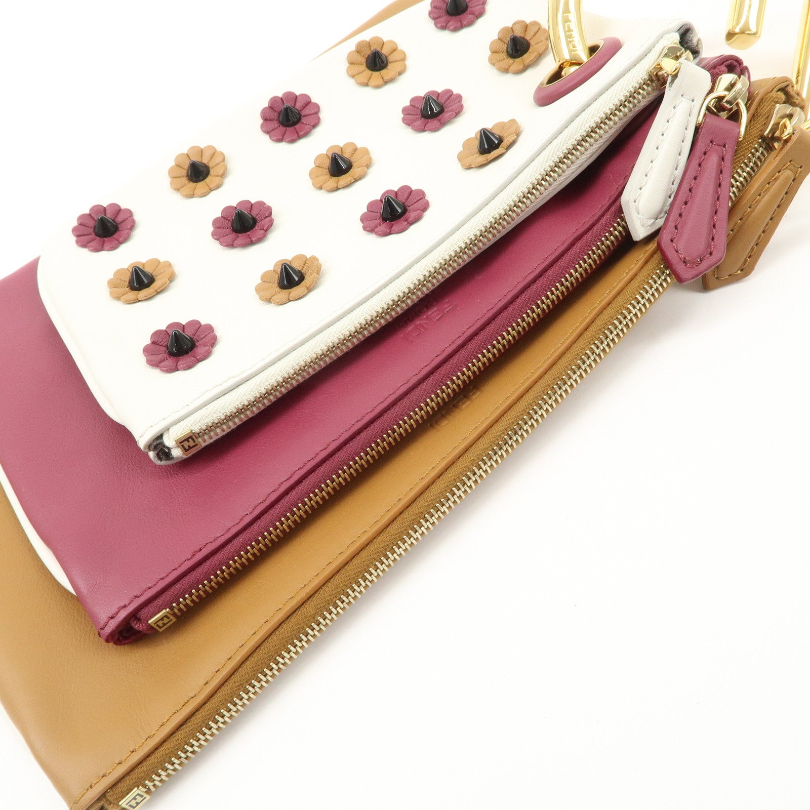FENDI Leather Flower Studs Triplet Pouch Hand Bag 8BS001 Used