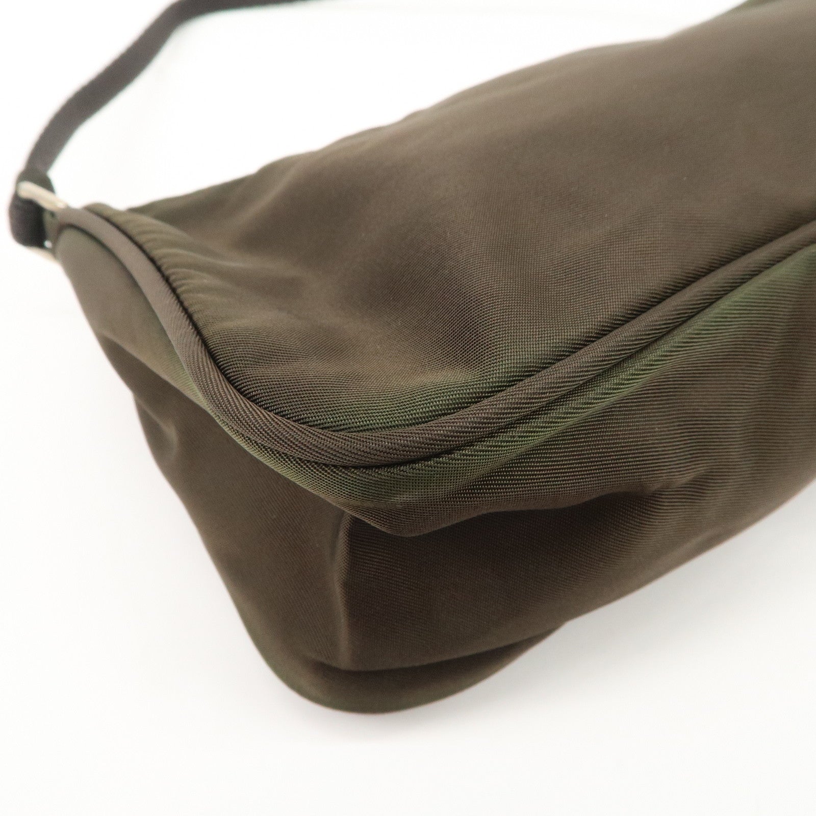 PRADA Triangle Logo Nylon Leather Accessory Pouch Hand Bag Khaki Silver HDW Used
