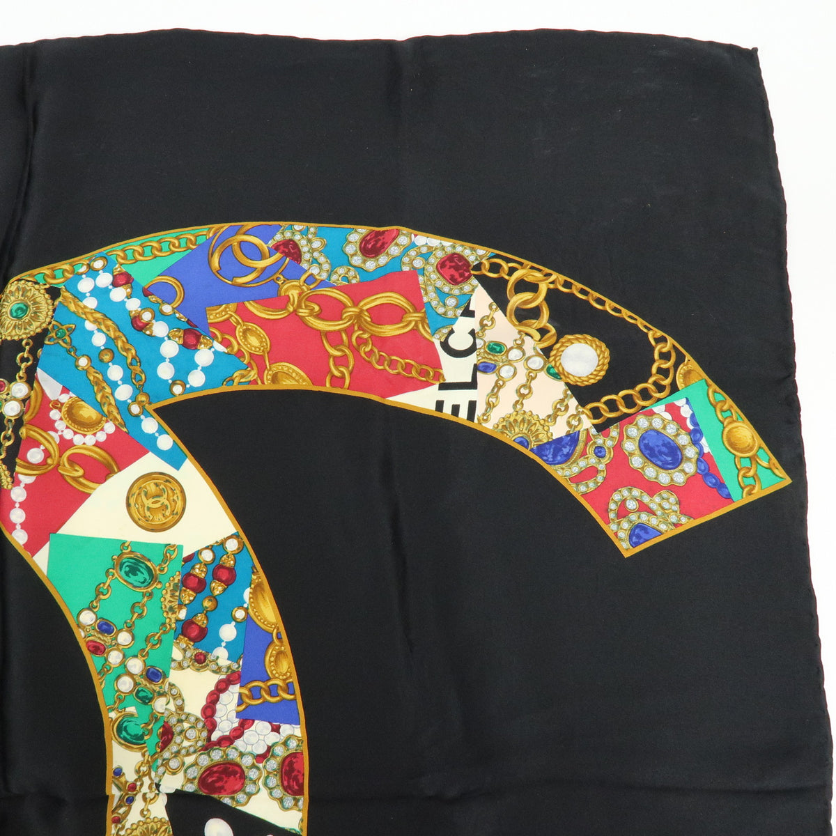 CHANEL Lot of 2 Silk 100% Scarf Flower Jewelry Motif Black Gold