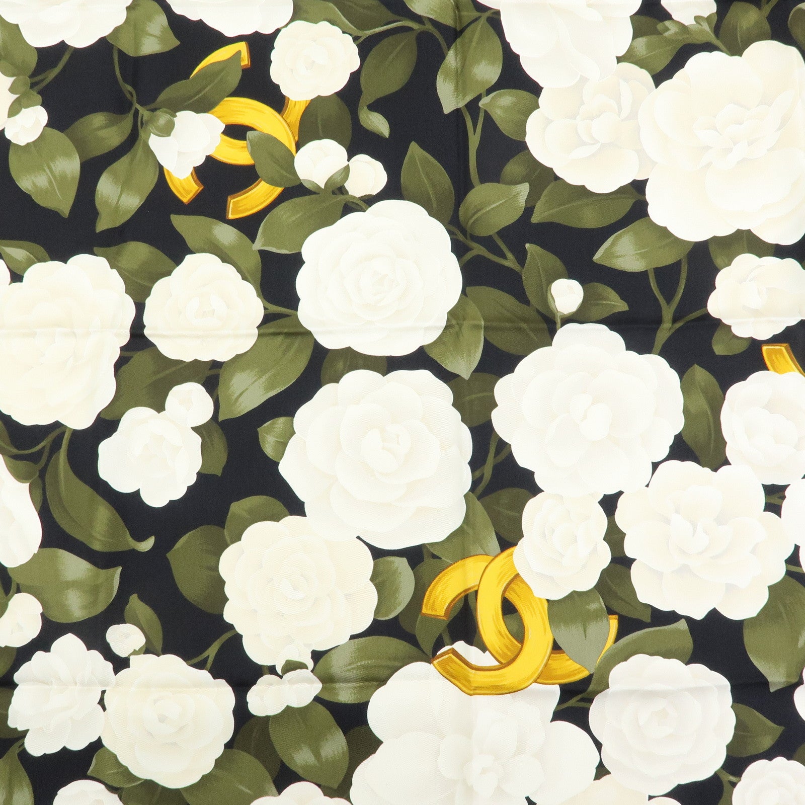 CHANEL COCO Mark Silk 100% Scarf Camellia Flower Black White Gold