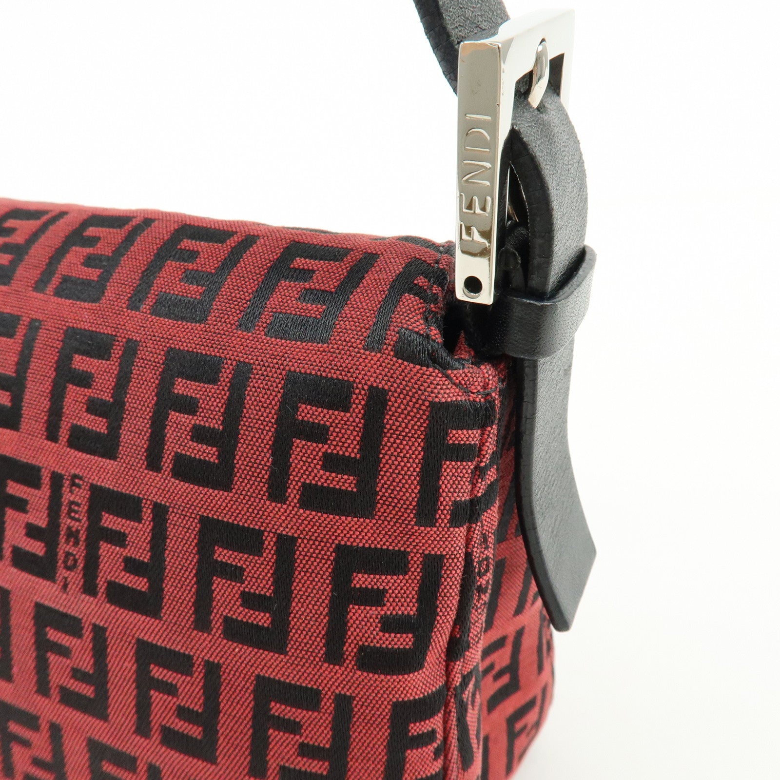 FENDI Mamma Baguette Zucchino Canvas Leather Shoulder Bag Red 8BR003